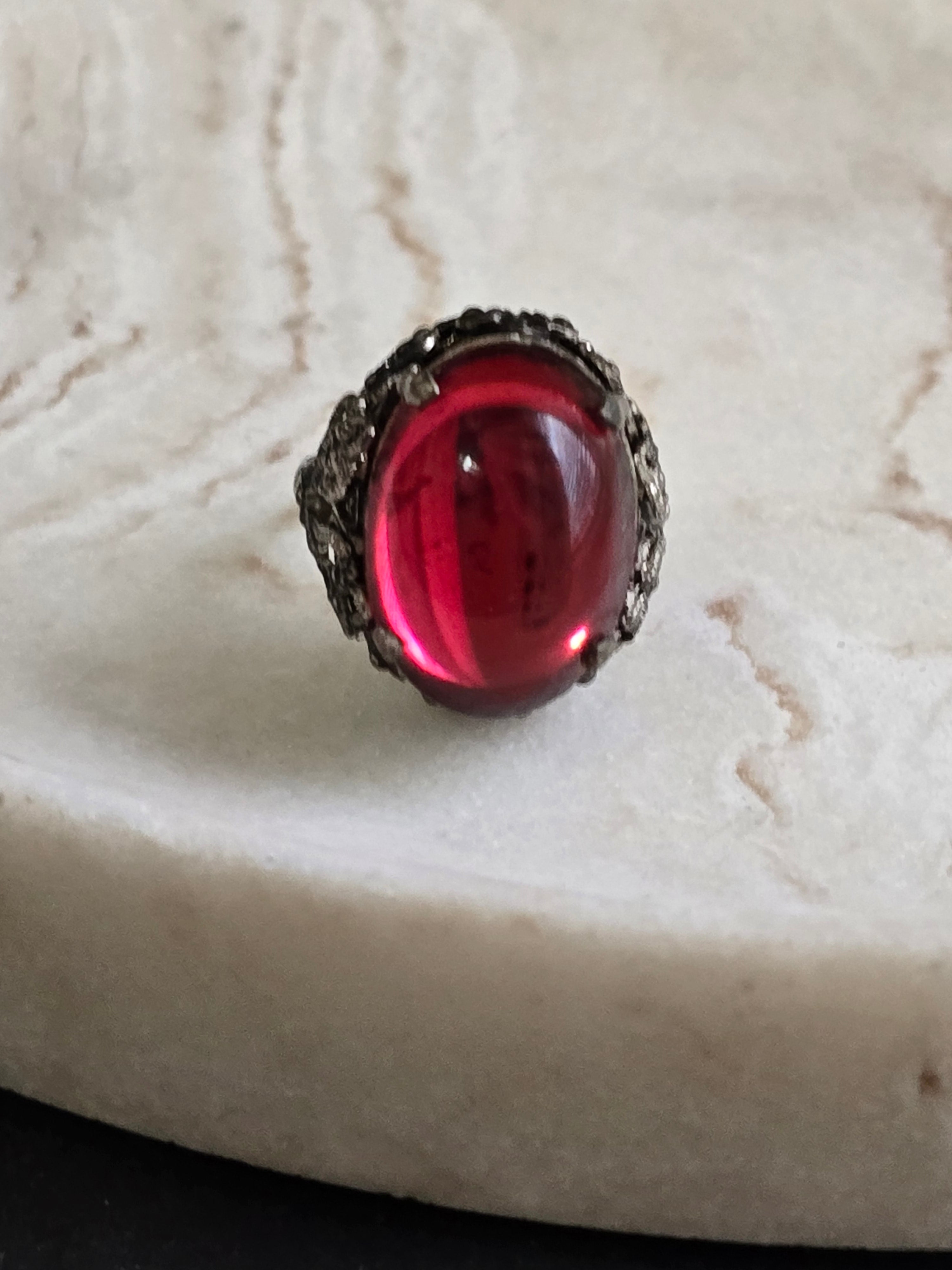Antique Czech Pink Cabochon Glass Silver Tone Dress Ring