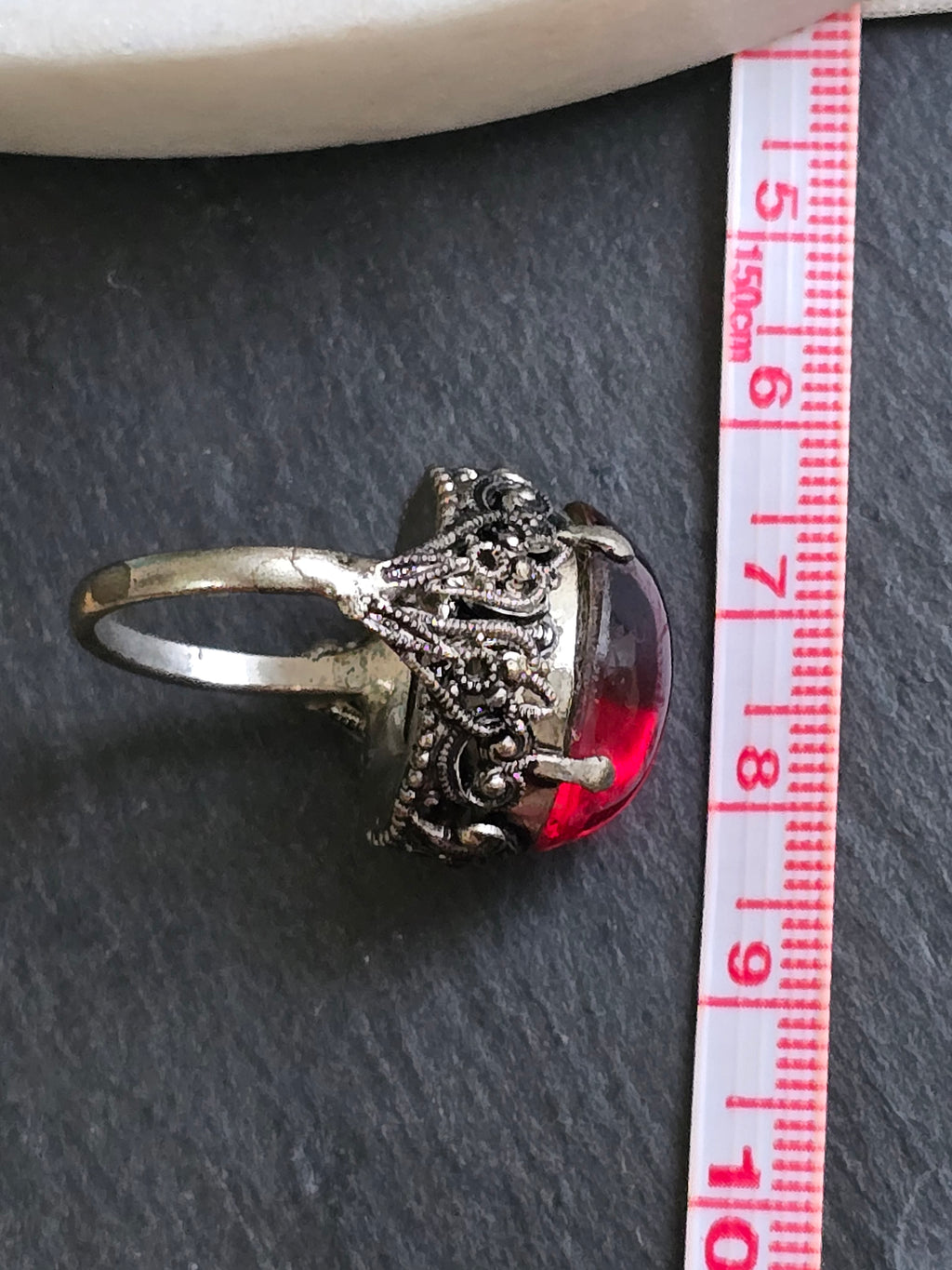 Antique Czech Pink Cabochon Glass Silver Tone Dress Ring