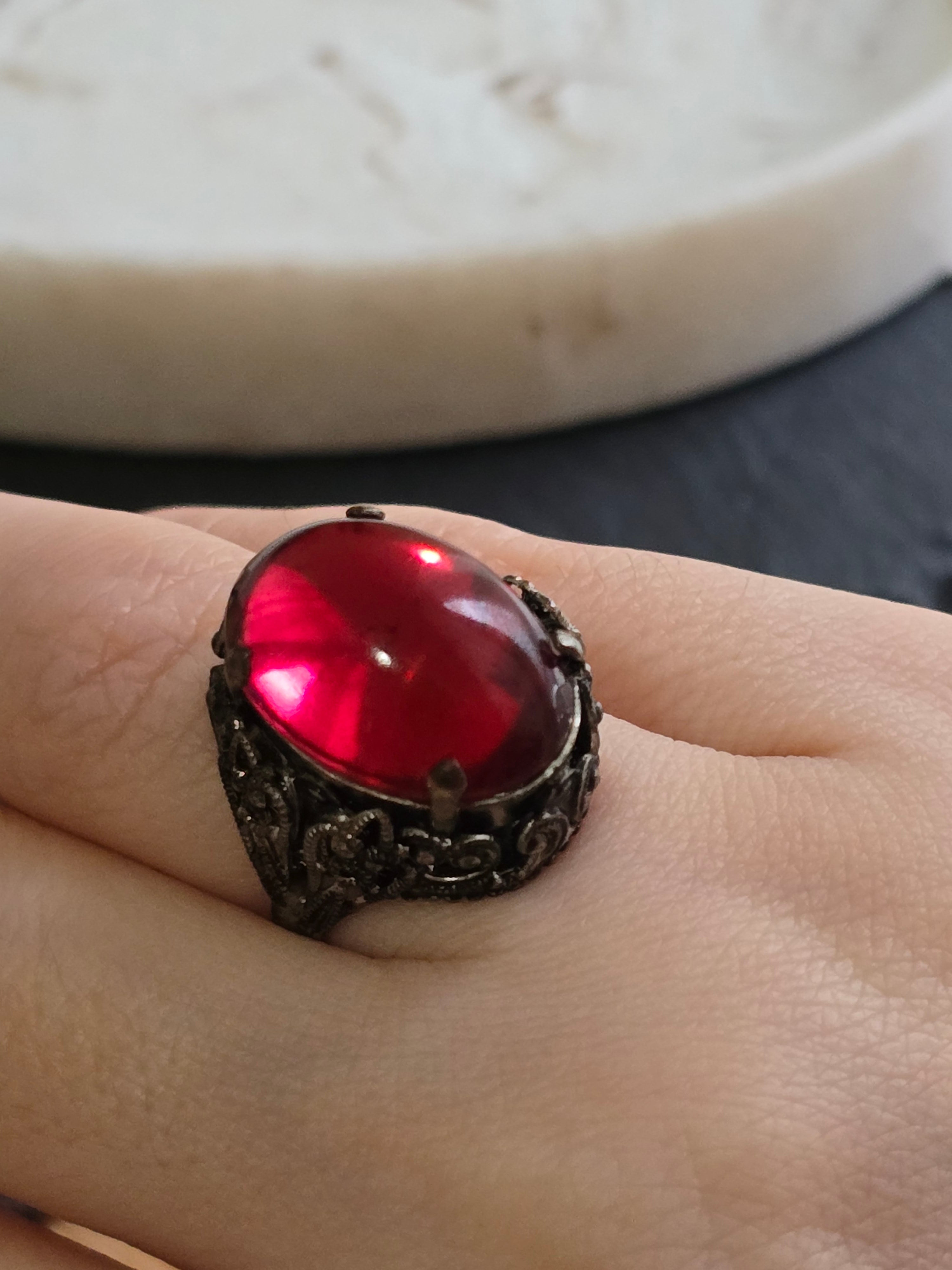 Antique Czech Pink Cabochon Glass Silver Tone Dress Ring