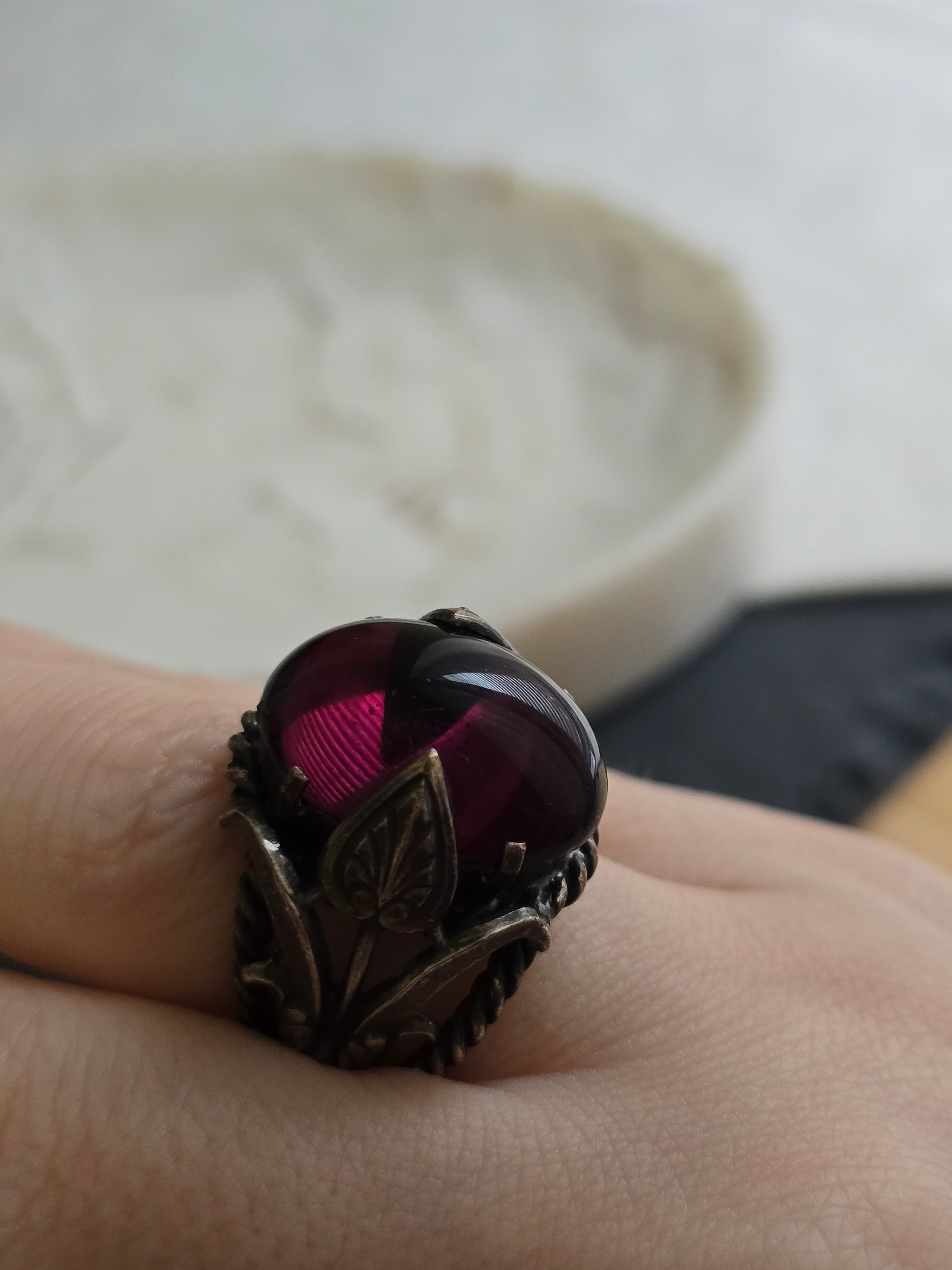 Antique Czech Purple Cabochon Silver Tone Ring, Antique Jewellery