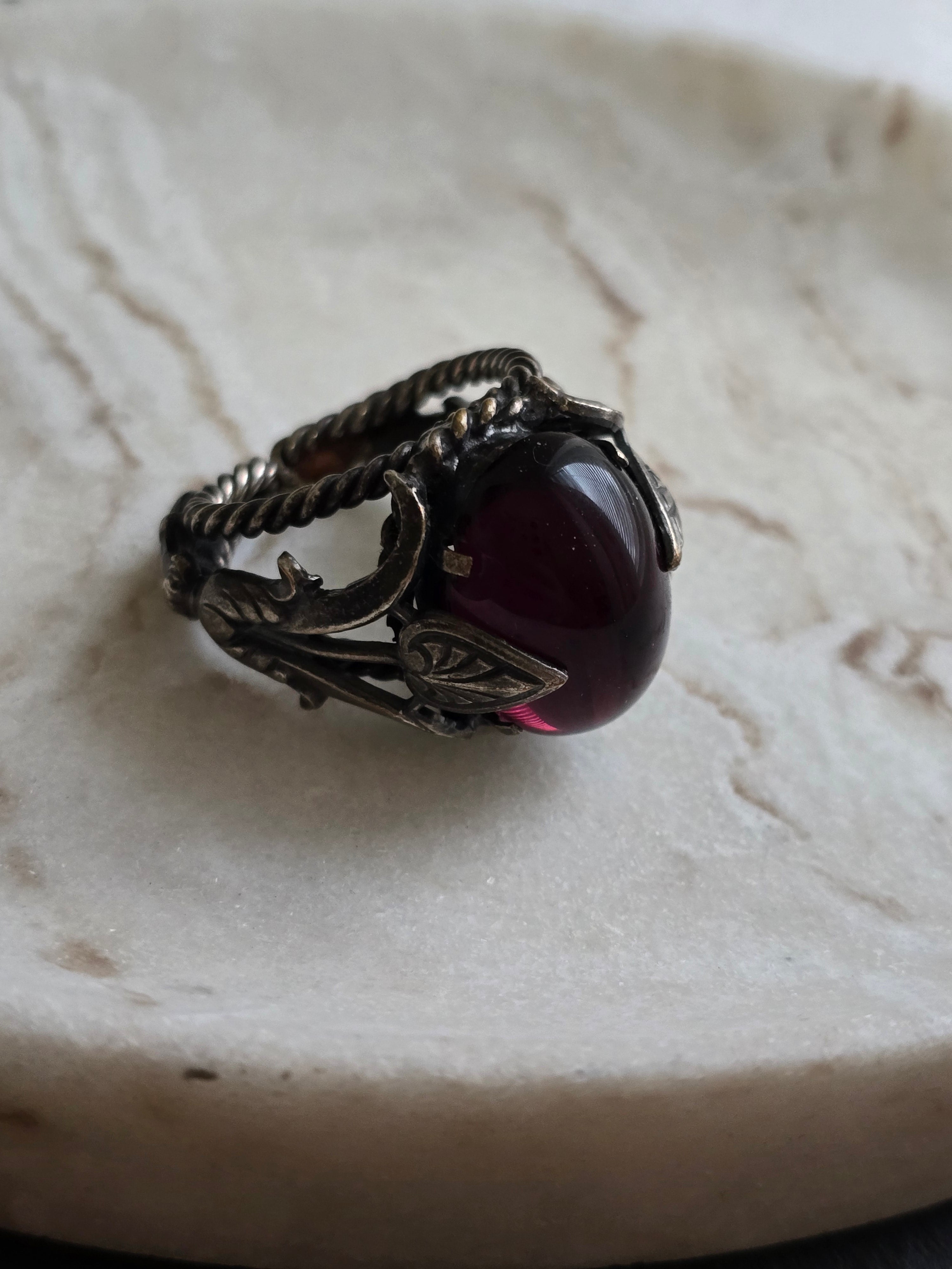 Antique Czech Purple Cabochon Silver Tone Ring, Antique Jewellery