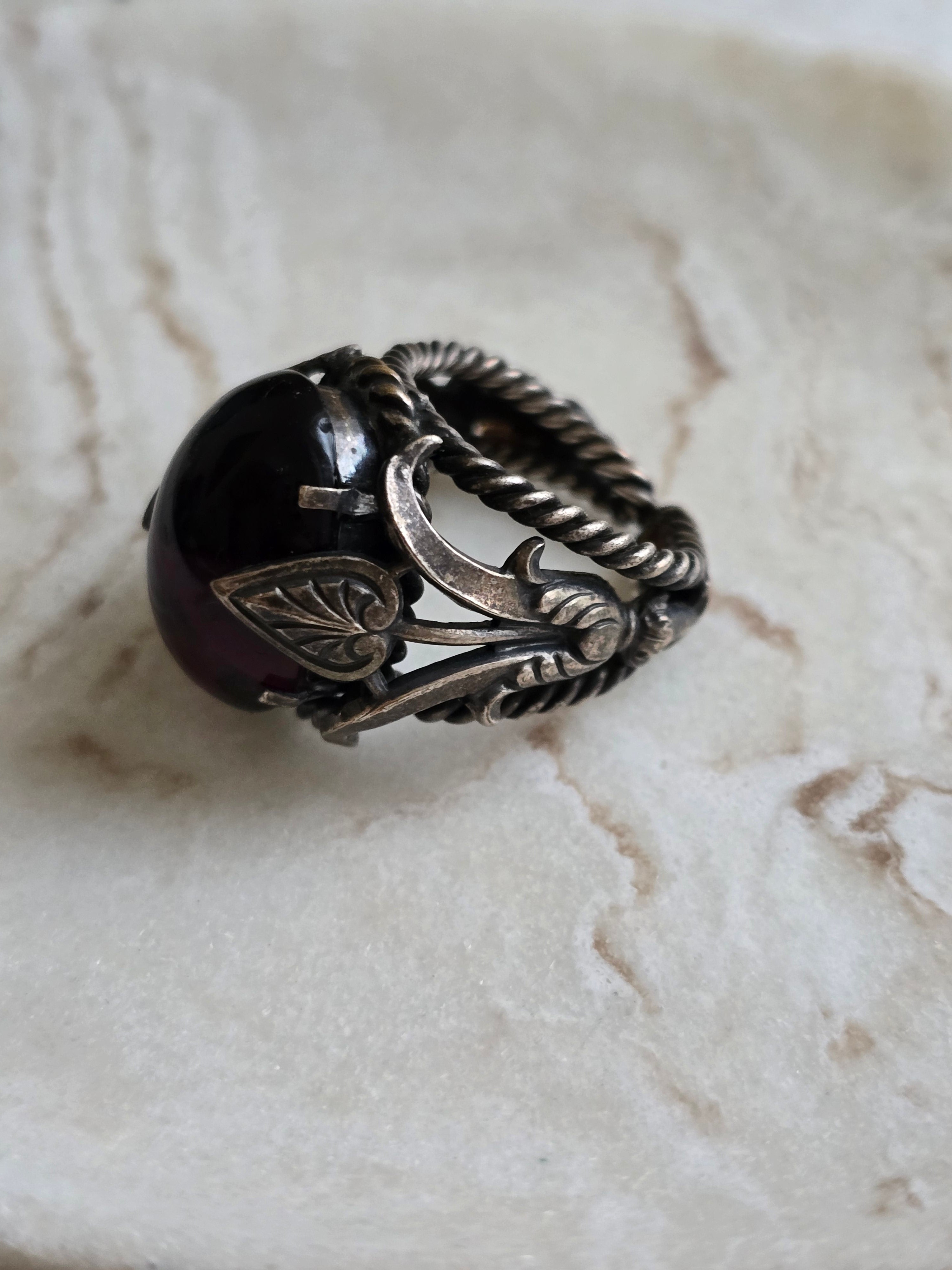 Antique Czech Purple Cabochon Silver Tone Ring, Antique Jewellery