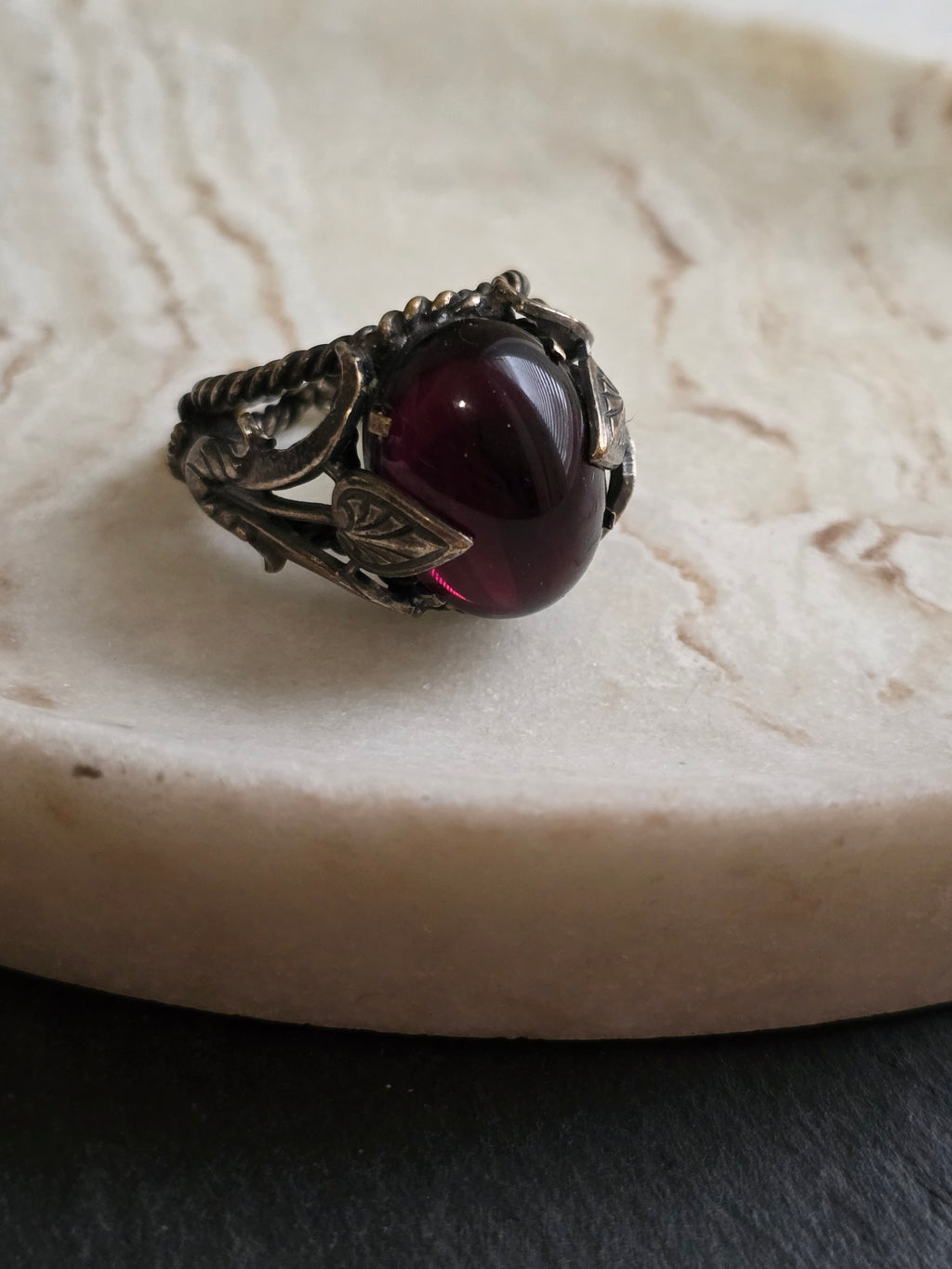 Antique Czech Purple Cabochon Silver Tone Ring, Antique Jewellery