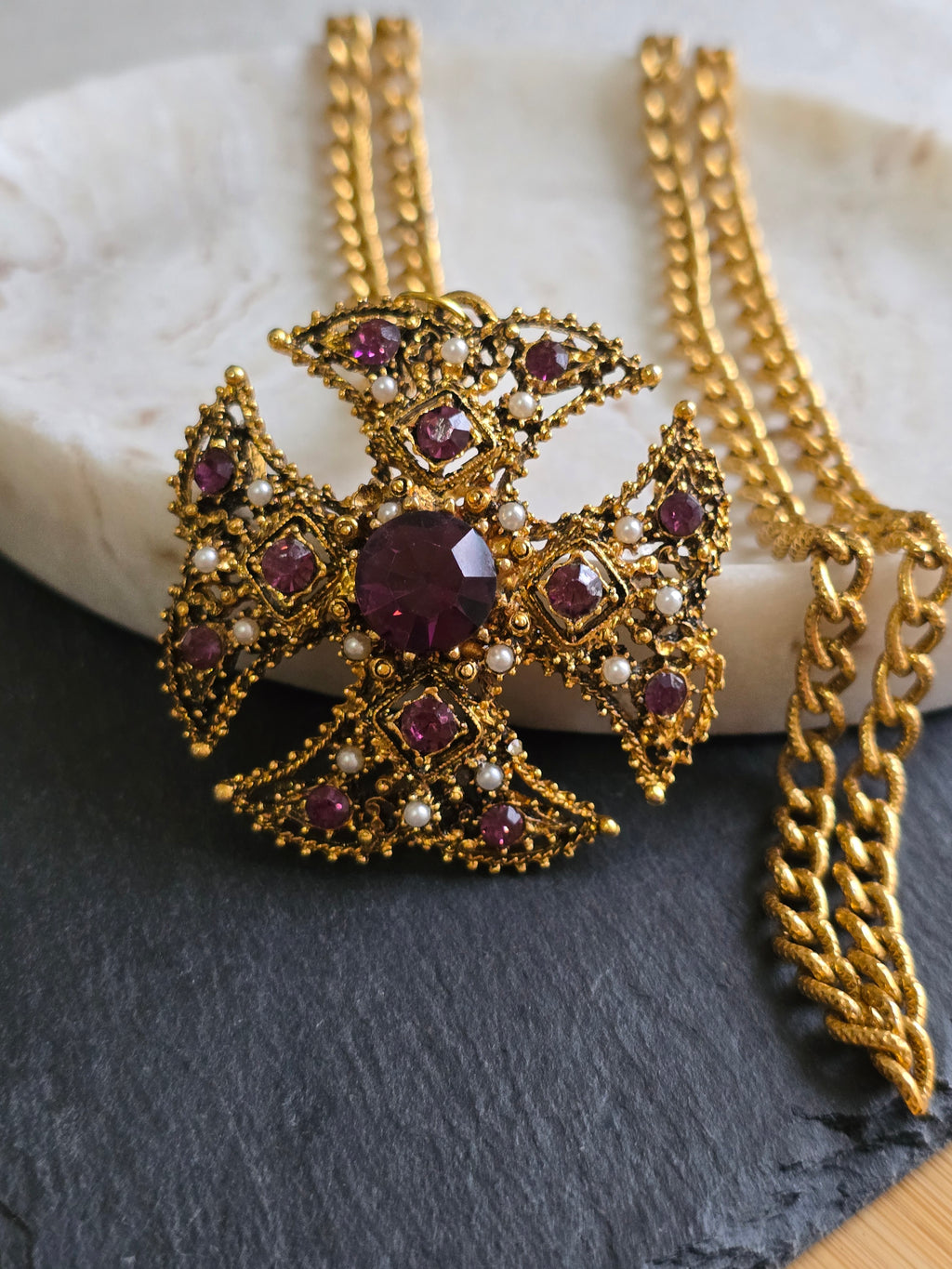 Vintage Ornate Maltese Cross Purple Rhinestone & Imitation Pearl Necklace