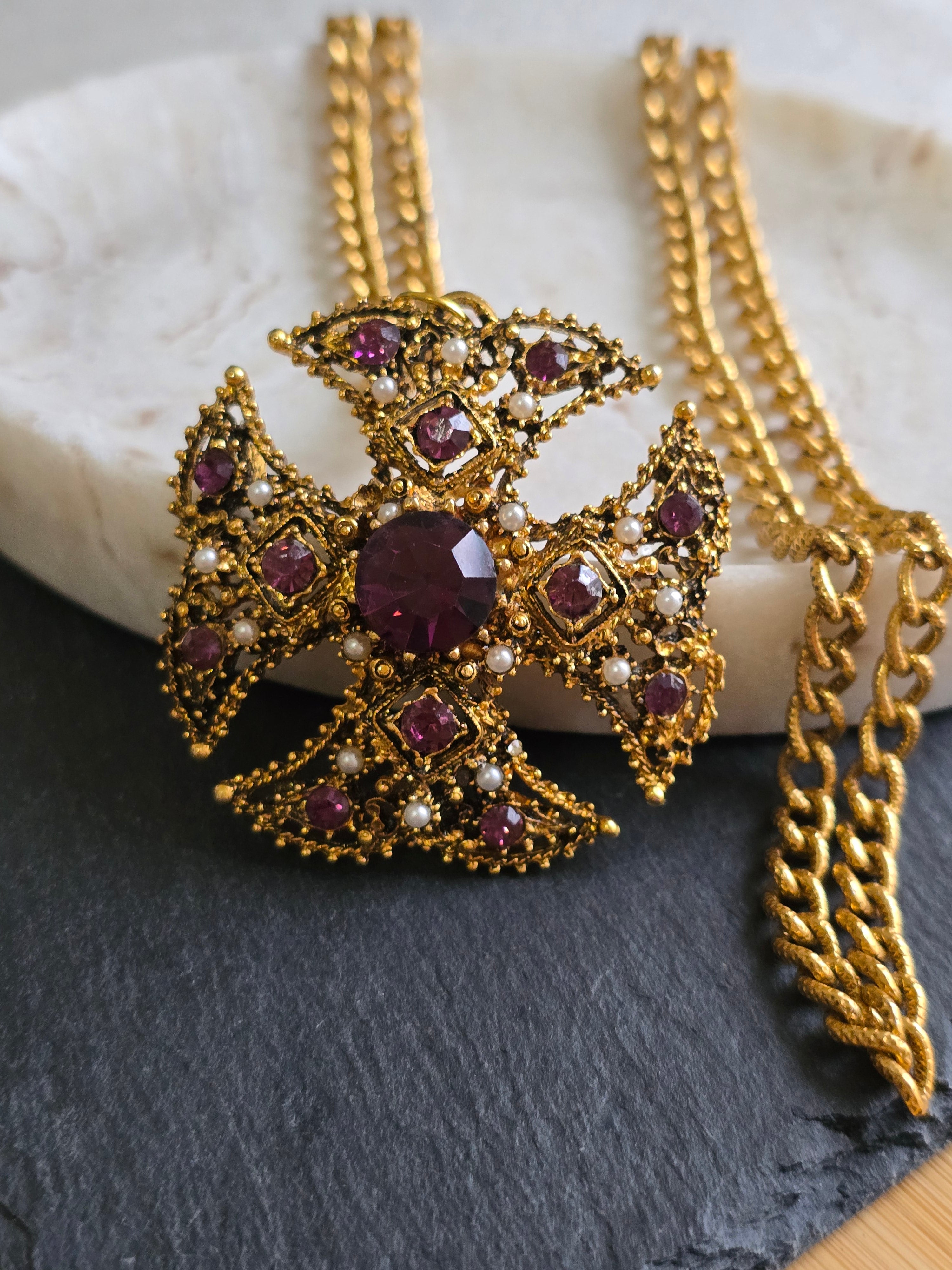 Vintage Ornate Maltese Cross Purple Rhinestone & Imitation Pearl Necklace