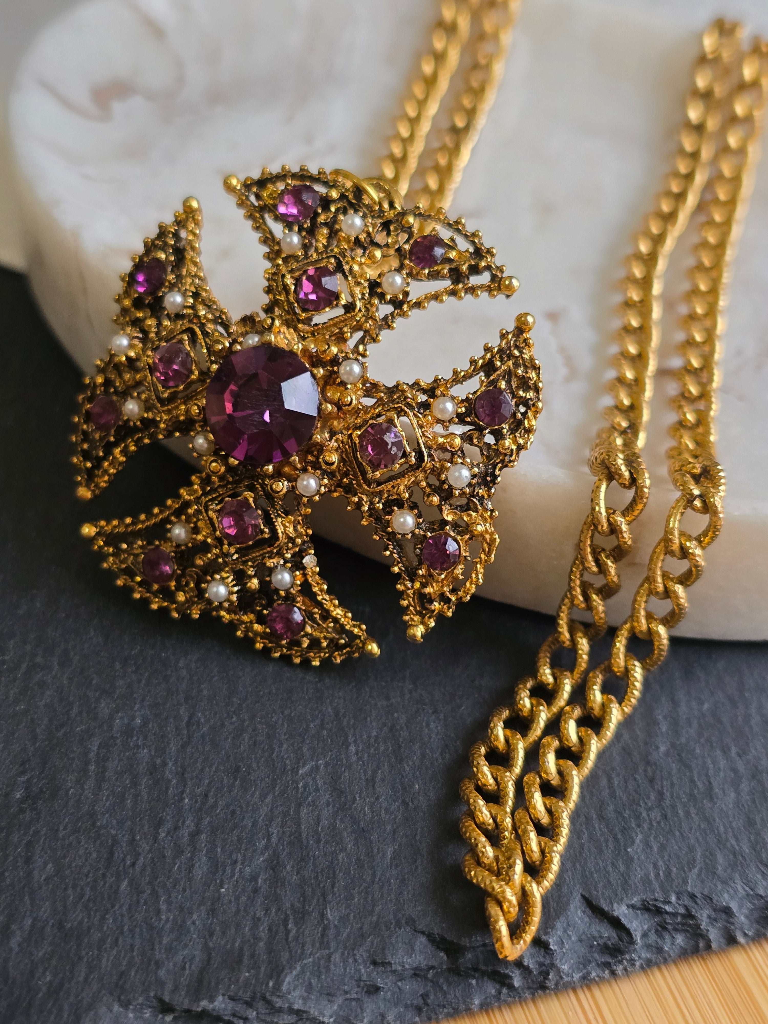 Vintage Ornate Maltese Cross Purple Rhinestone & Imitation Pearl Necklace