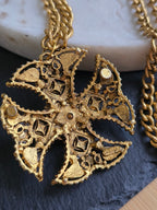 Vintage Ornate Maltese Cross Purple Rhinestone & Imitation Pearl Necklace