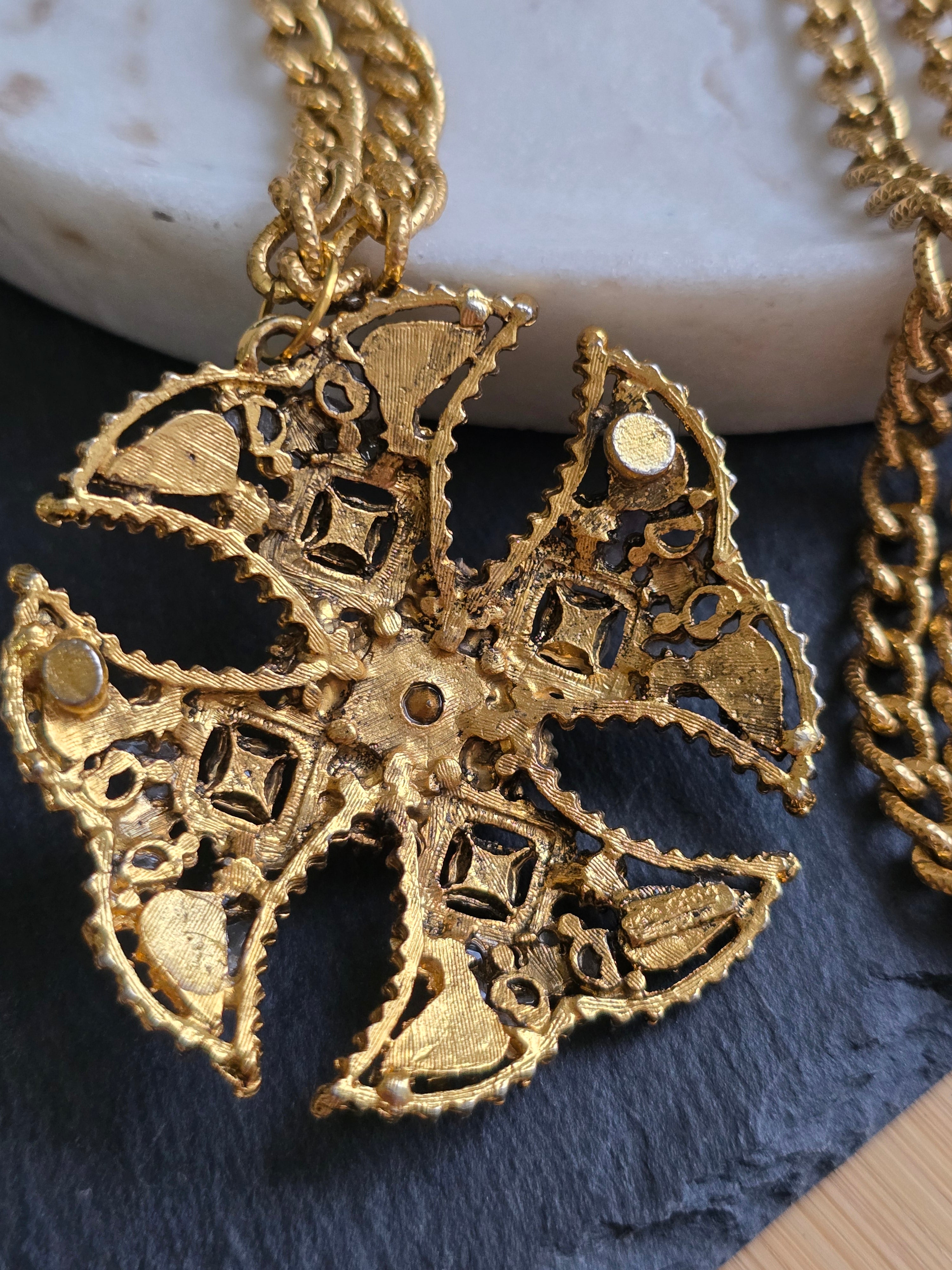 Vintage Ornate Maltese Cross Purple Rhinestone & Imitation Pearl Necklace
