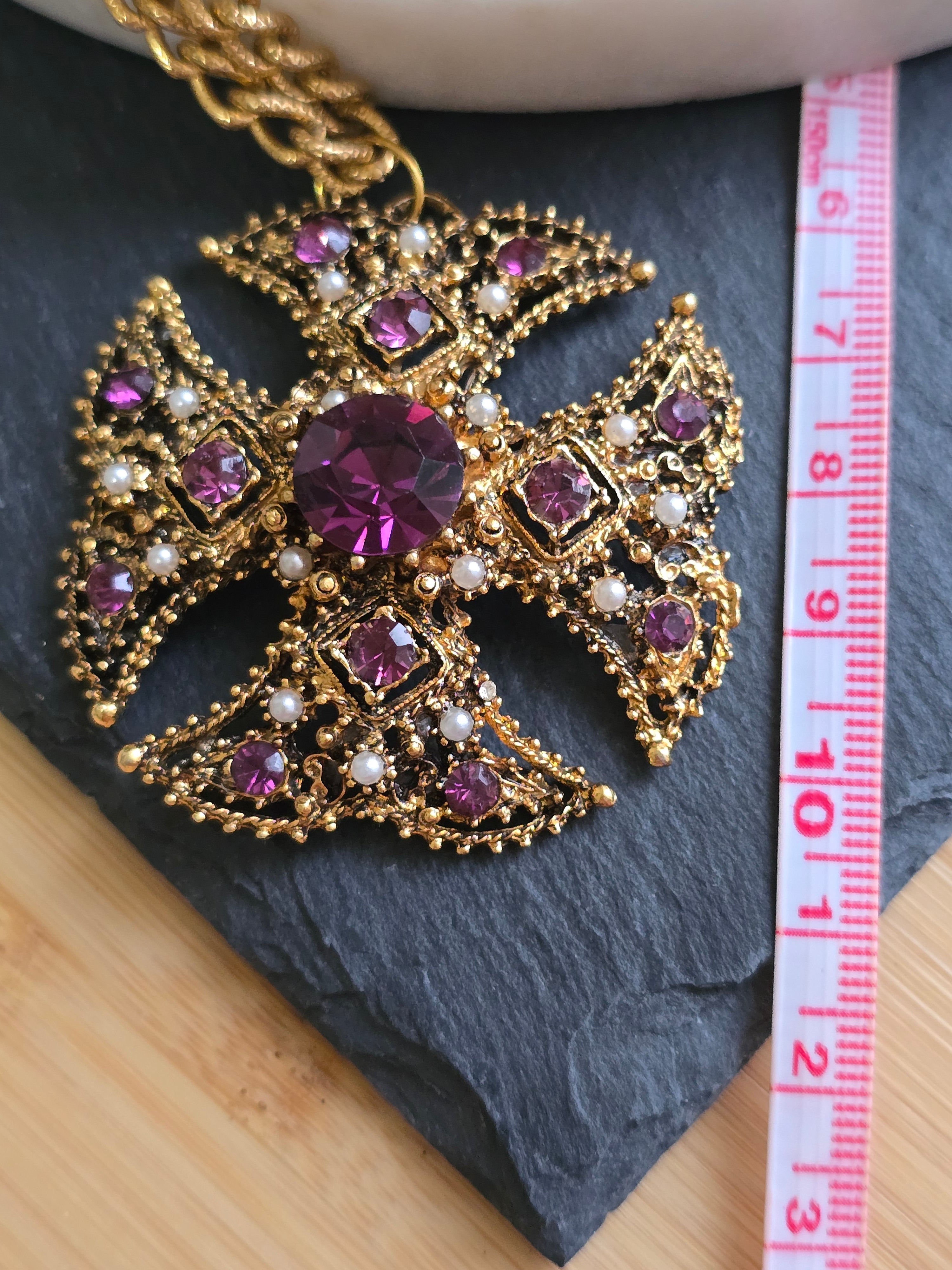 Vintage Ornate Maltese Cross Purple Rhinestone & Imitation Pearl Necklace