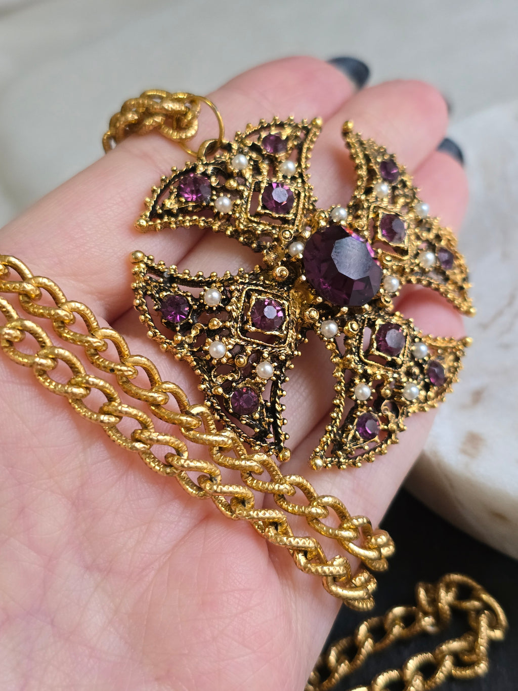Vintage Ornate Maltese Cross Purple Rhinestone & Imitation Pearl Necklace