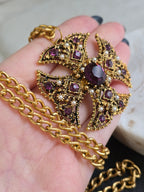 Vintage Ornate Maltese Cross Purple Rhinestone & Imitation Pearl Necklace
