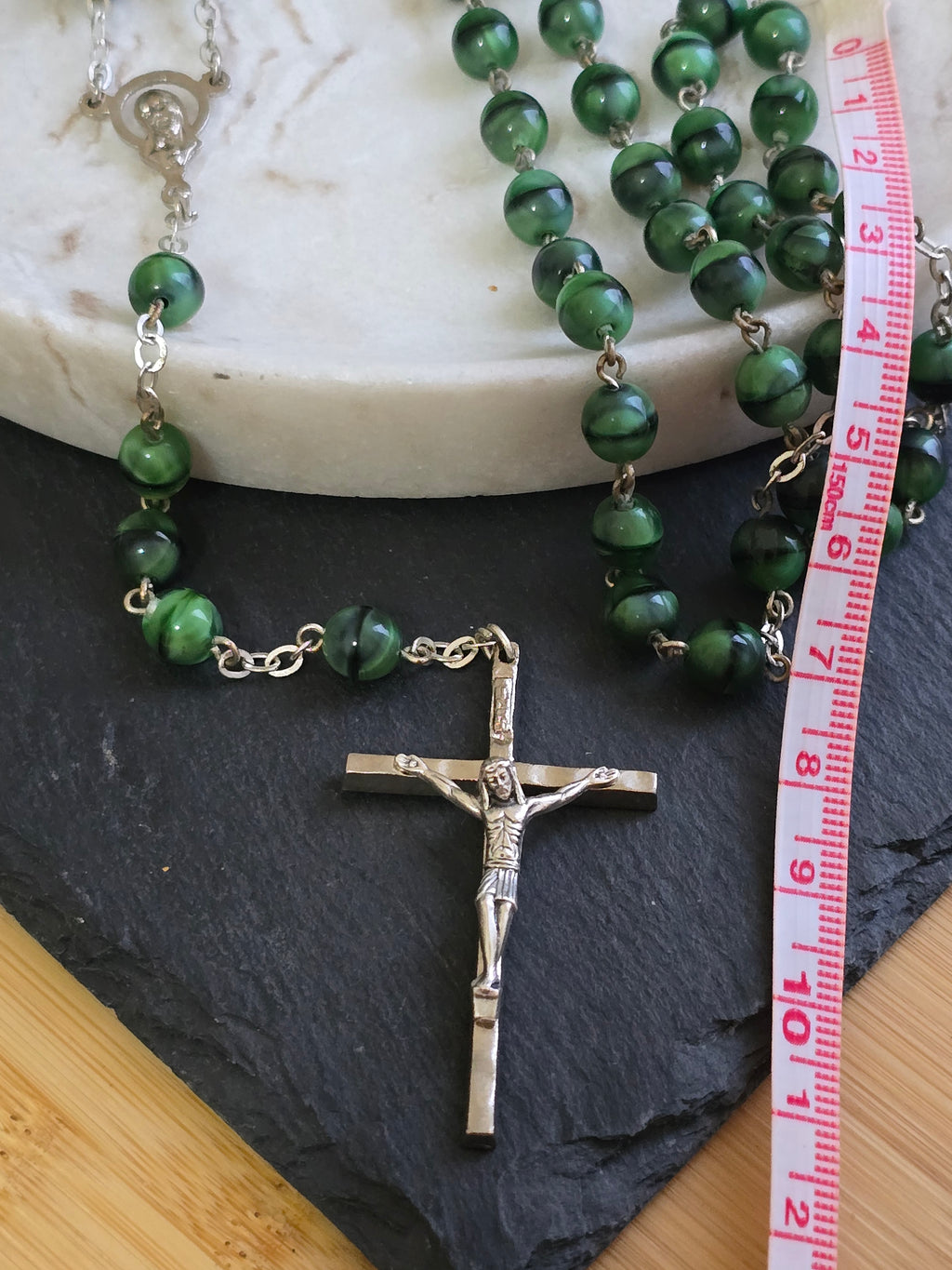 Vintage Tri Coloured Satin Glass, Black & Green Rosary, Prayer Beads, Vintage