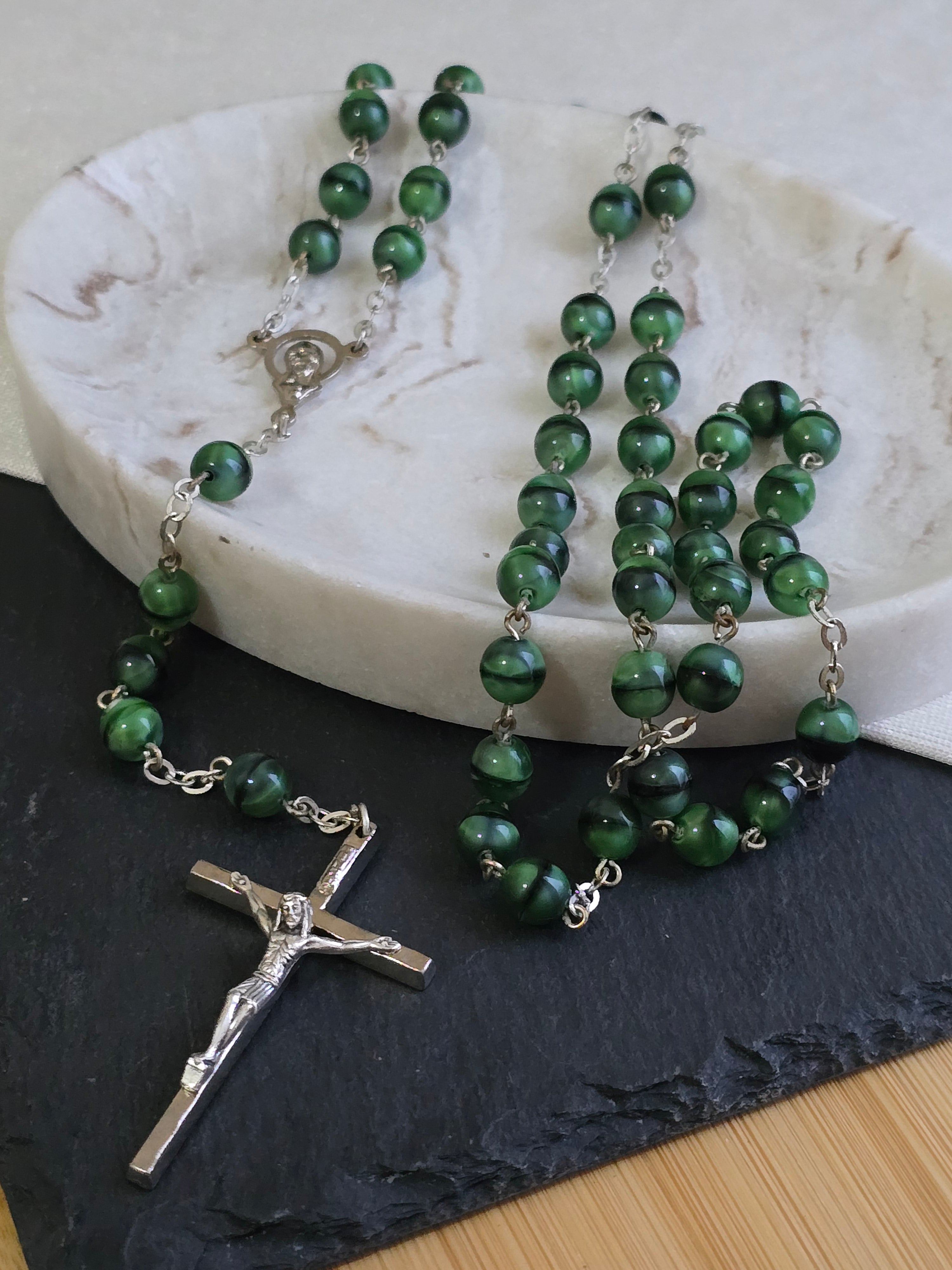 Vintage Tri Coloured Satin Glass, Black & Green Rosary, Prayer Beads, Vintage