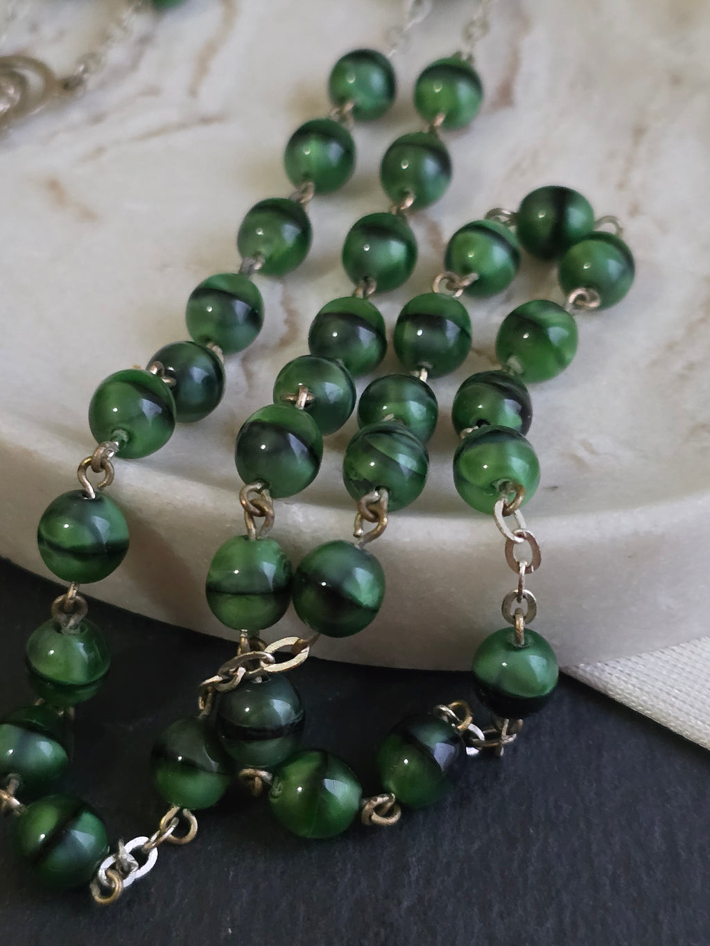 Vintage Tri Coloured Satin Glass, Black & Green Rosary, Prayer Beads, Vintage