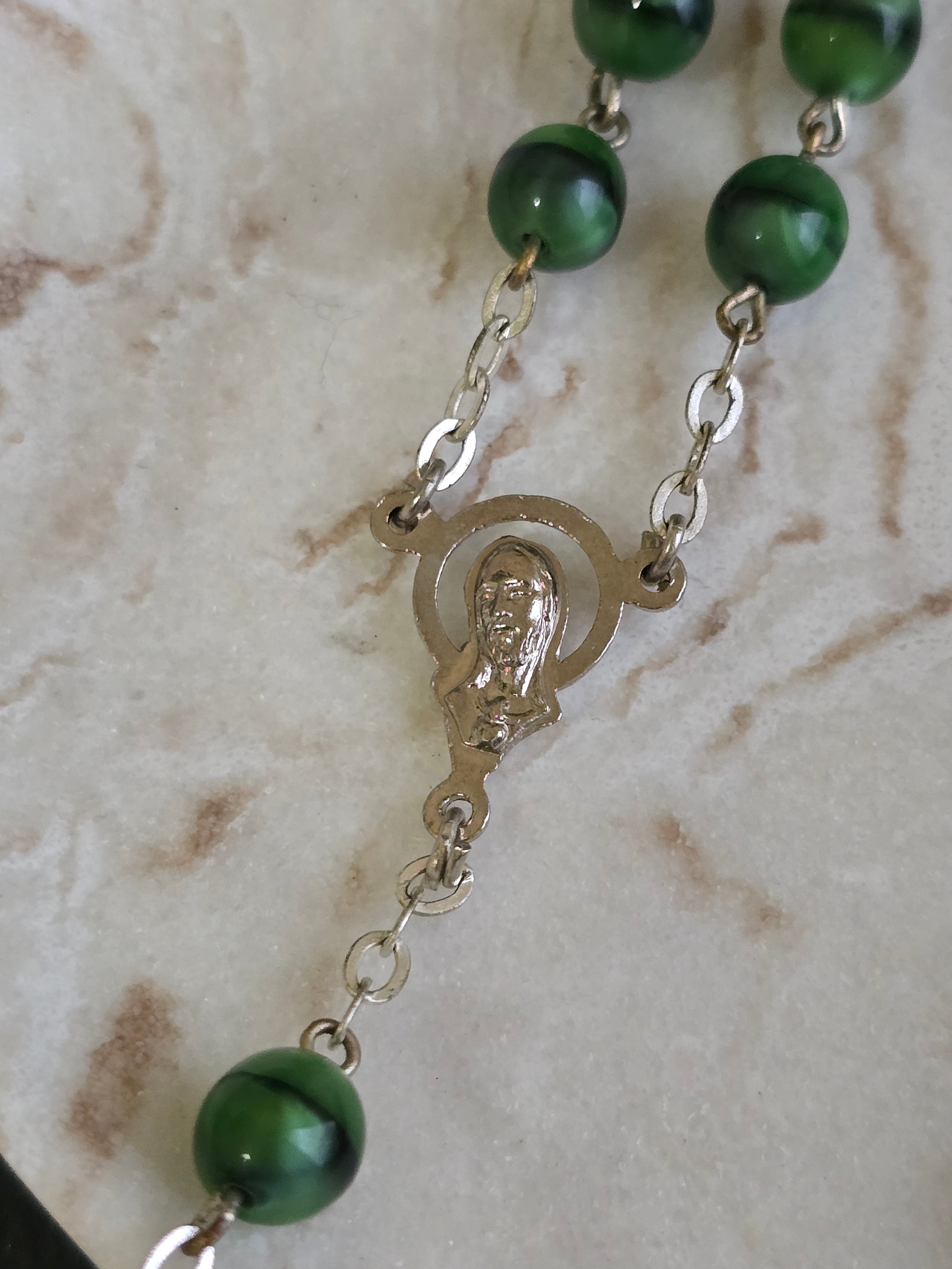 Vintage Tri Coloured Satin Glass, Black & Green Rosary, Prayer Beads, Vintage