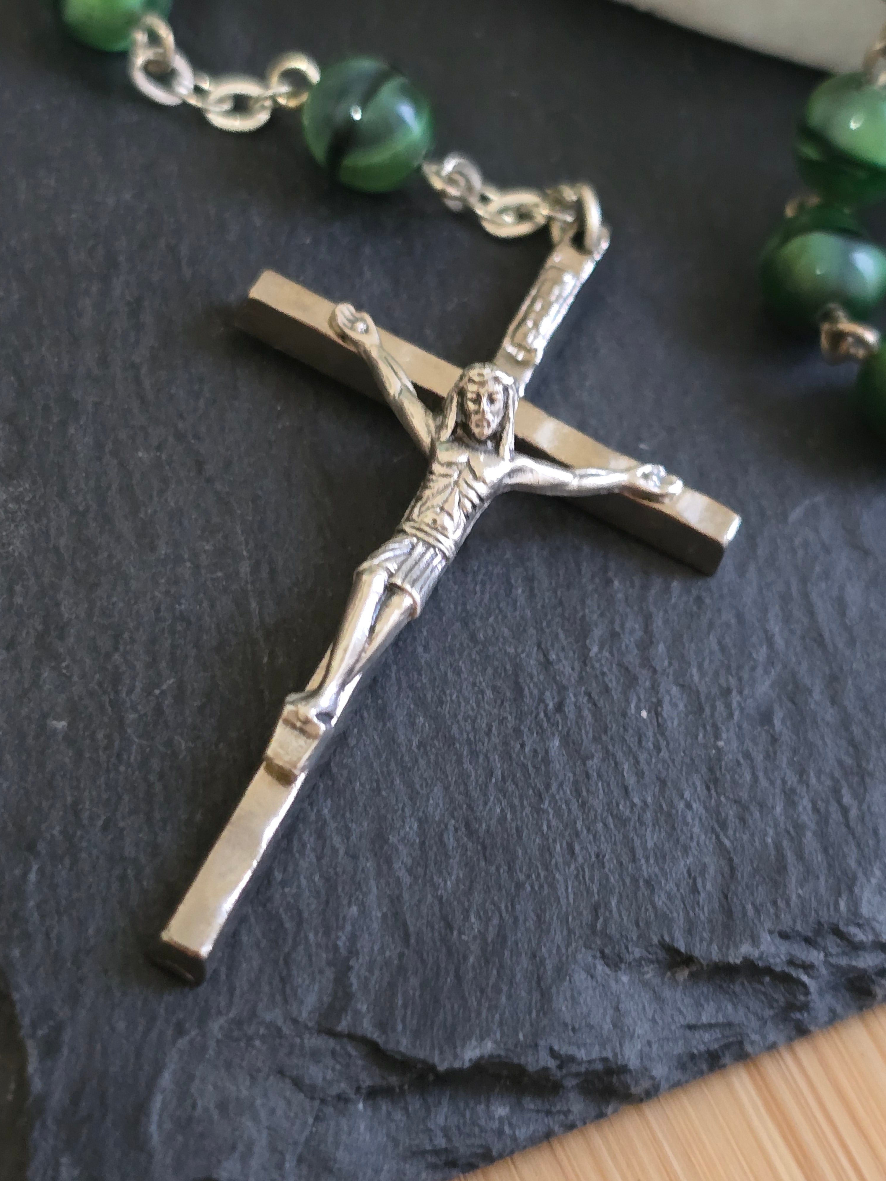 Vintage Tri Coloured Satin Glass, Black & Green Rosary, Prayer Beads, Vintage