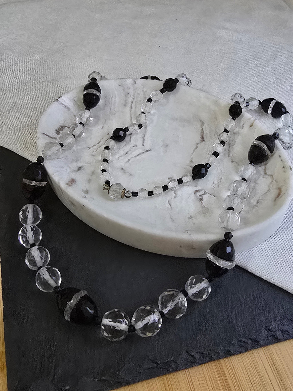 Antique Art Deco Black & Clear Glass Bead Necklace, Antique Jewellery