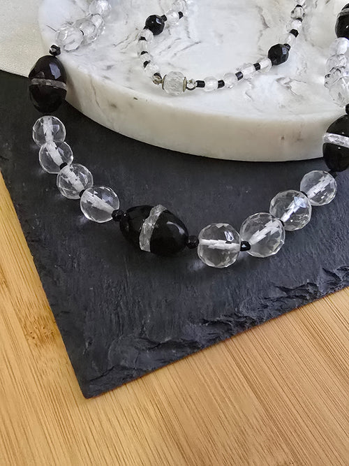 Antique Art Deco Black & Clear Glass Bead Necklace, Antique Jewellery