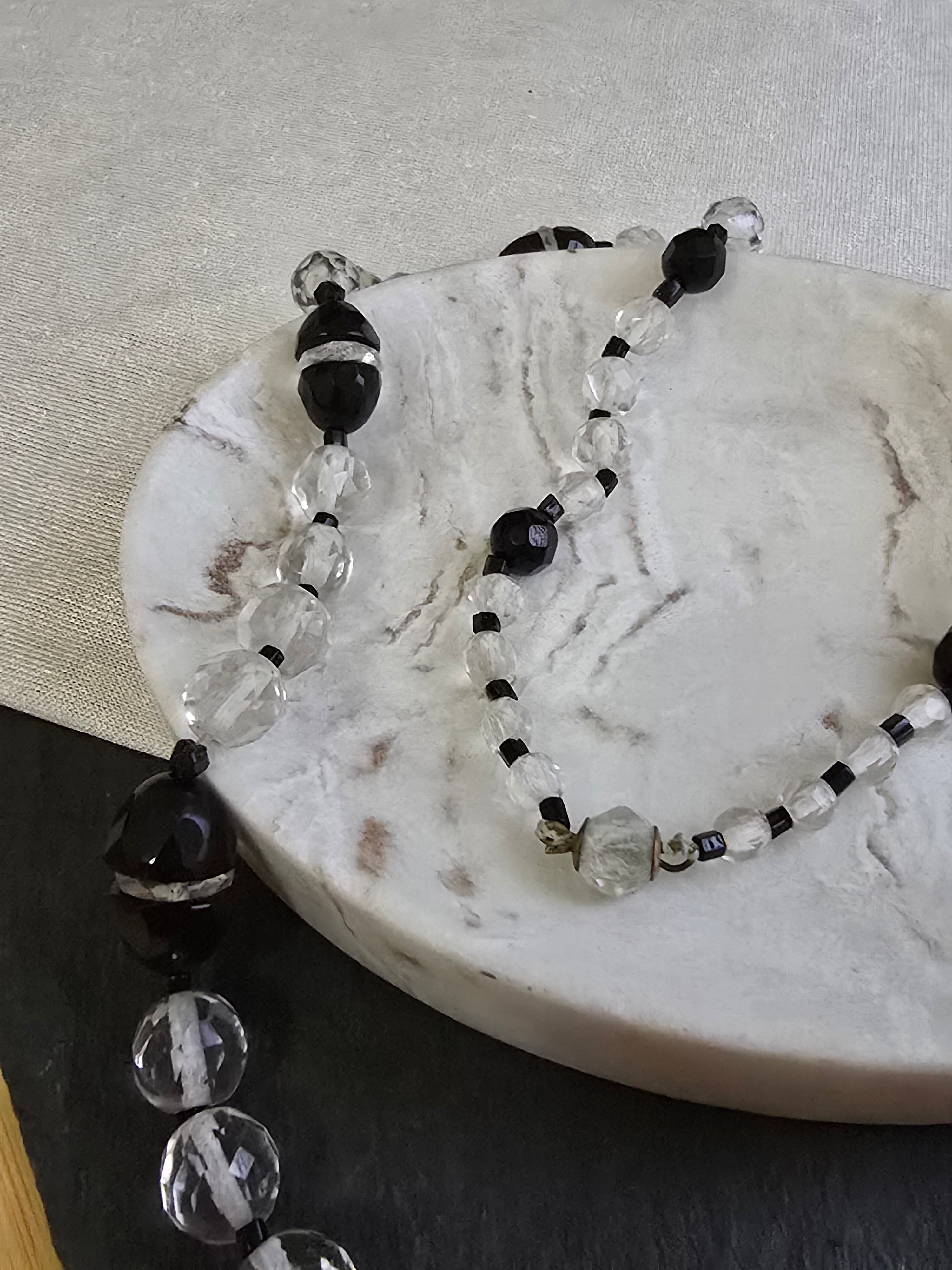 Antique Art Deco Black & Clear Glass Bead Necklace, Antique Jewellery