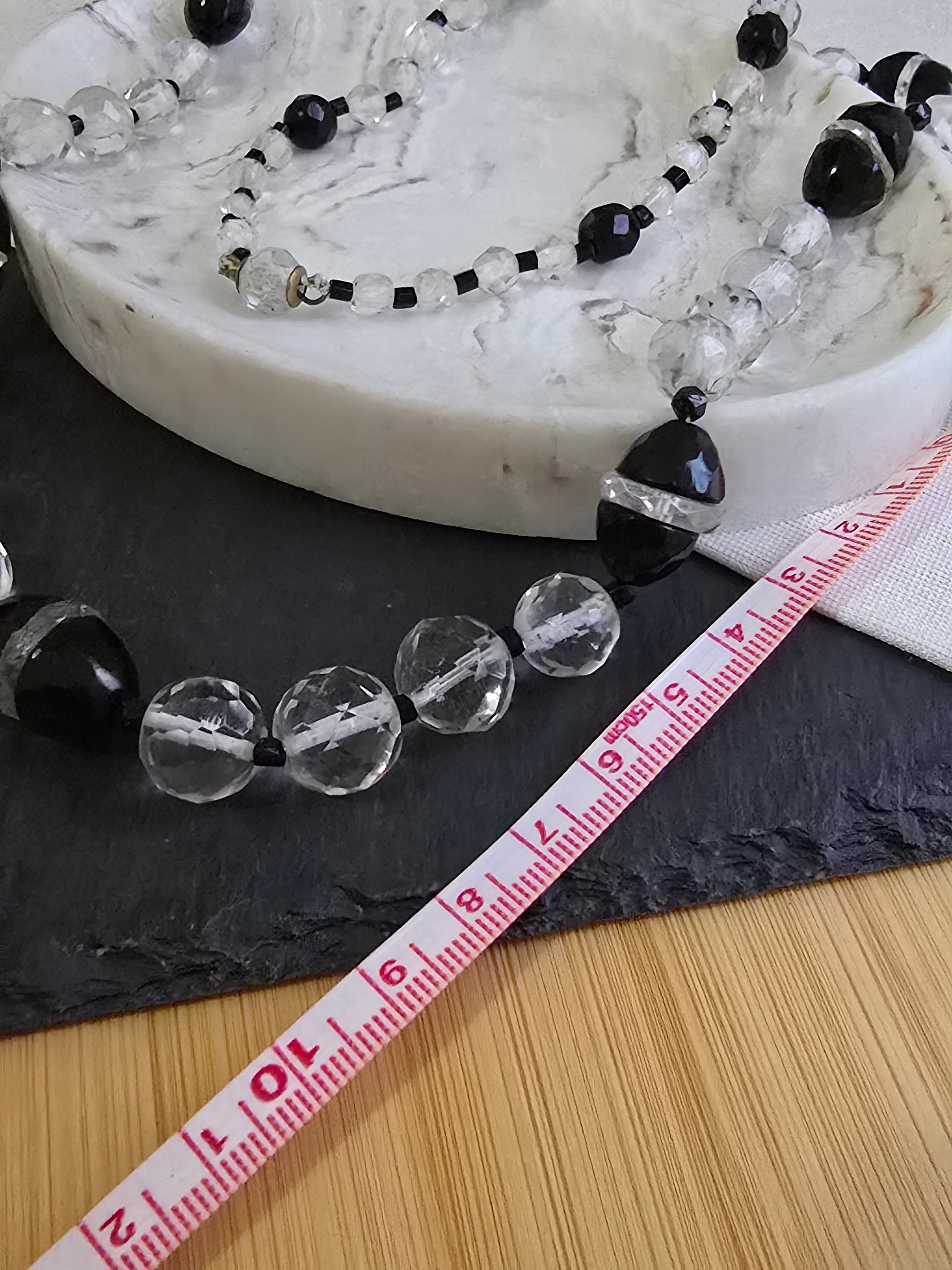 Antique Art Deco Black & Clear Glass Bead Necklace, Antique Jewellery
