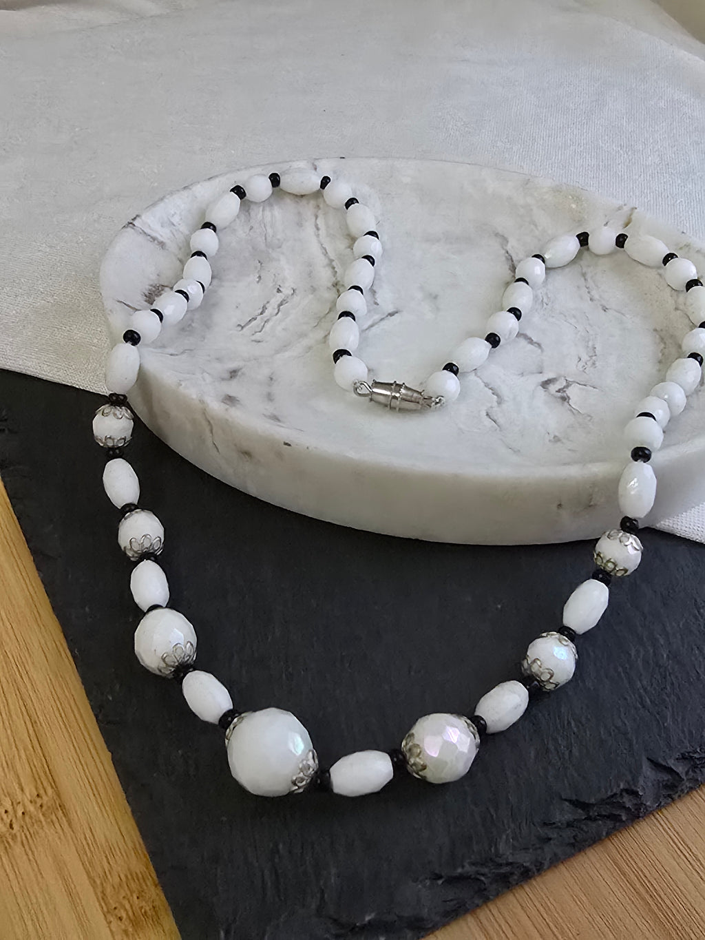 Vintage Facetted Aurora Shine Milk Glass Bead Necklace, Vintage Jewellery