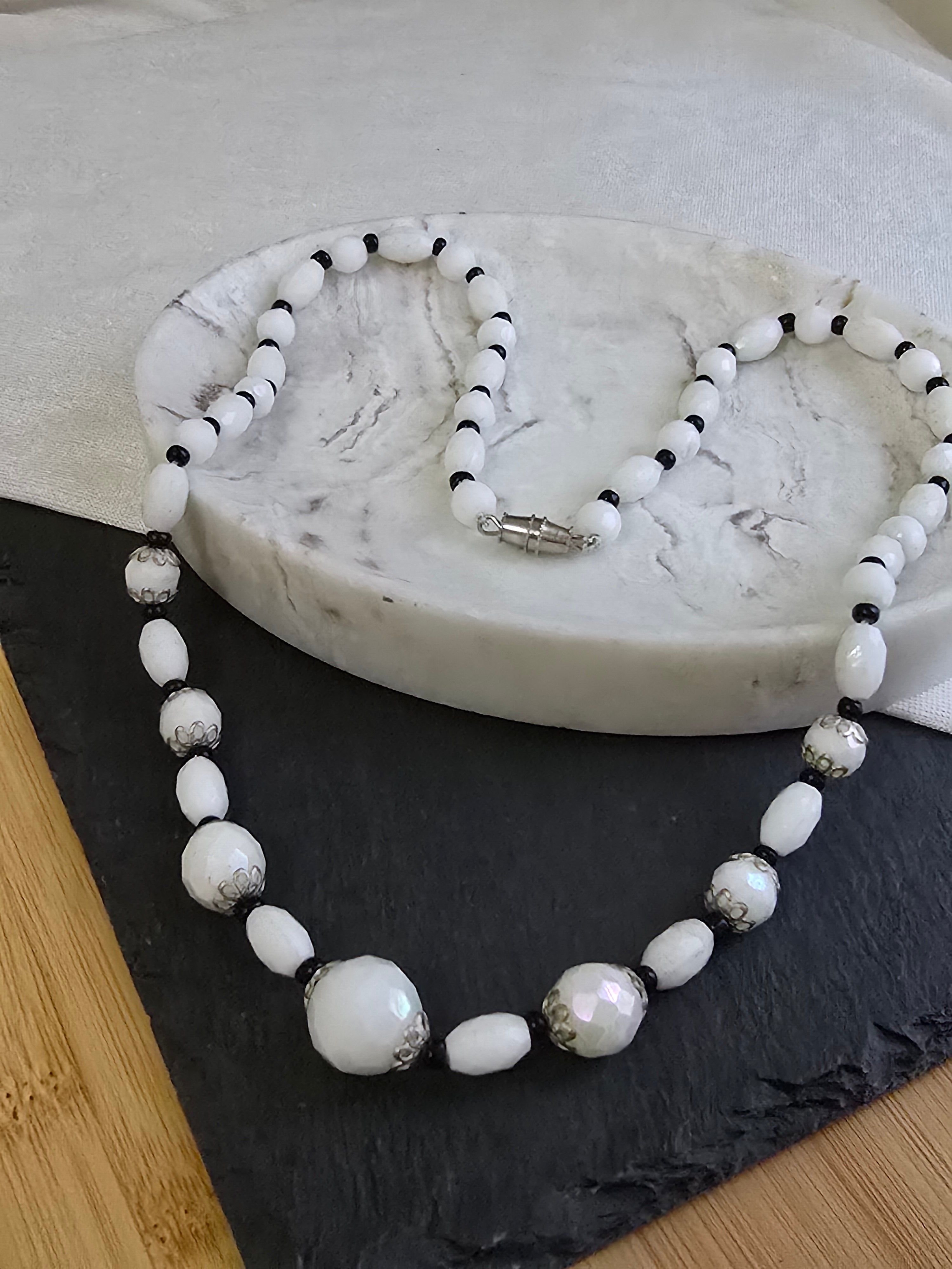 Vintage Facetted Aurora Shine Milk Glass Bead Necklace, Vintage Jewellery