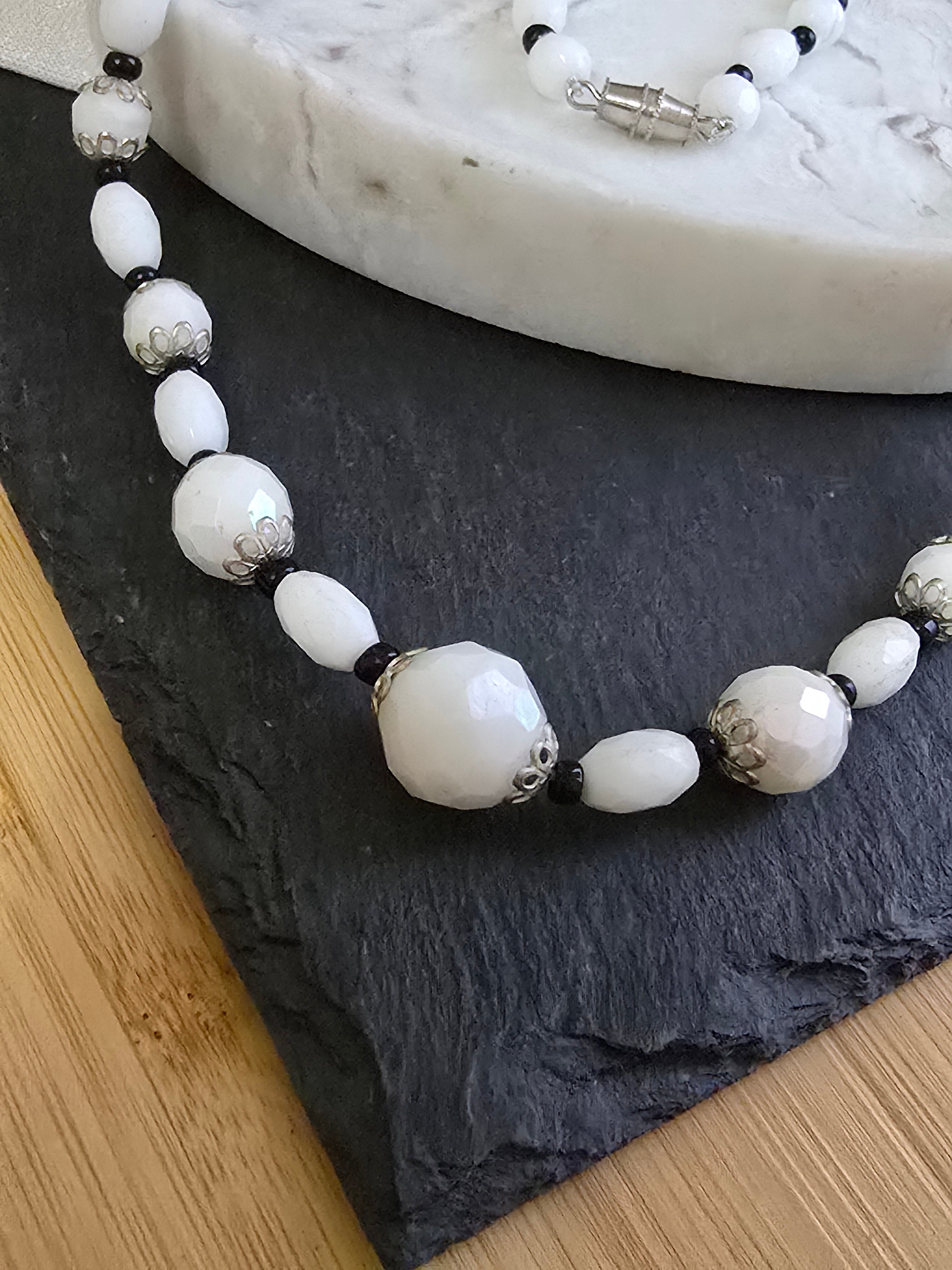 Vintage Facetted Aurora Shine Milk Glass Bead Necklace, Vintage Jewellery