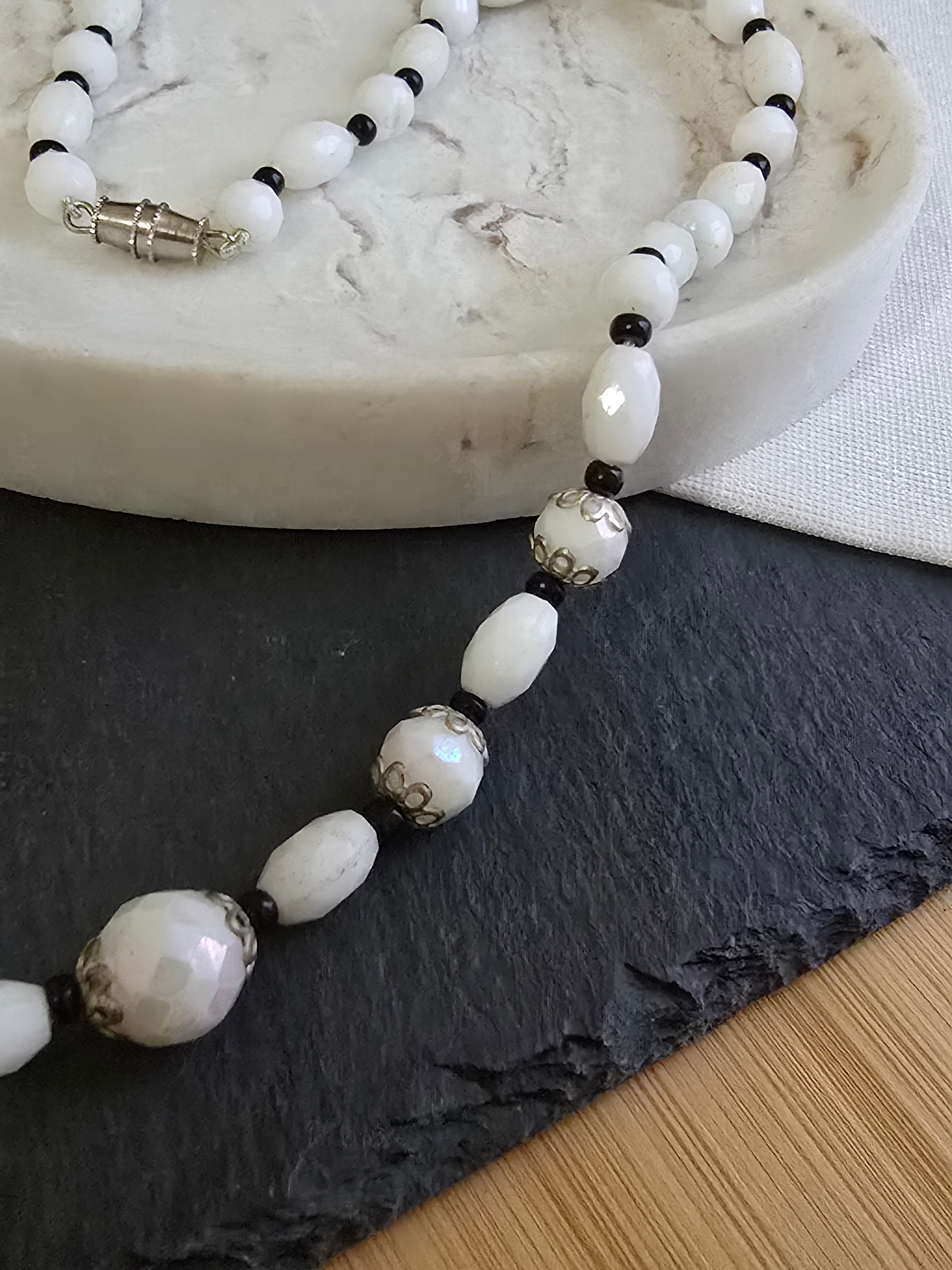 Vintage Facetted Aurora Shine Milk Glass Bead Necklace, Vintage Jewellery