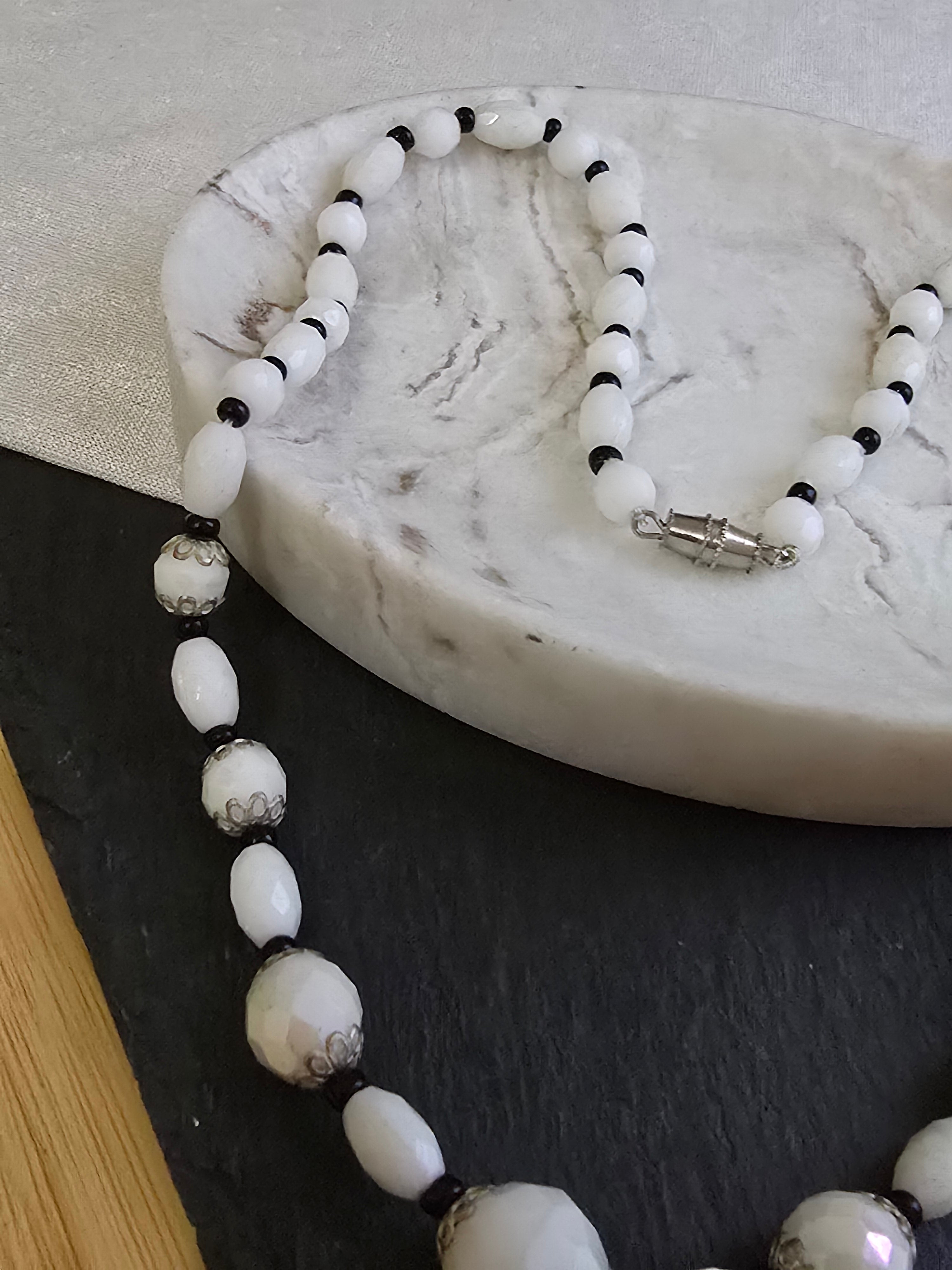 Vintage Facetted Aurora Shine Milk Glass Bead Necklace, Vintage Jewellery