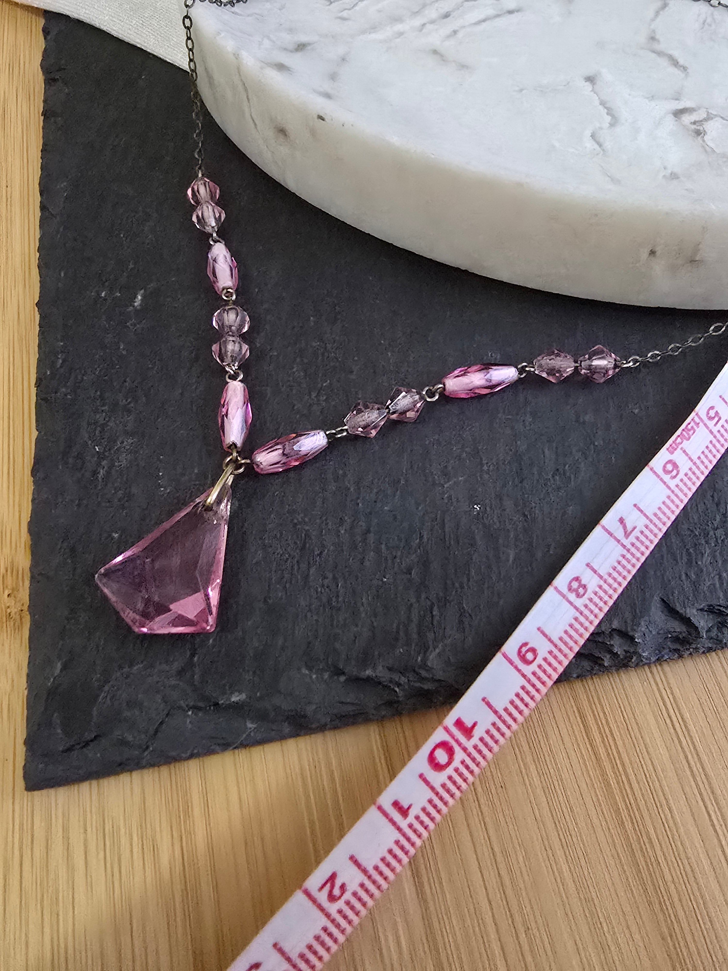 Antique Art Deco Pink Glass Drop Bead Necklace, Antique Jewellery
