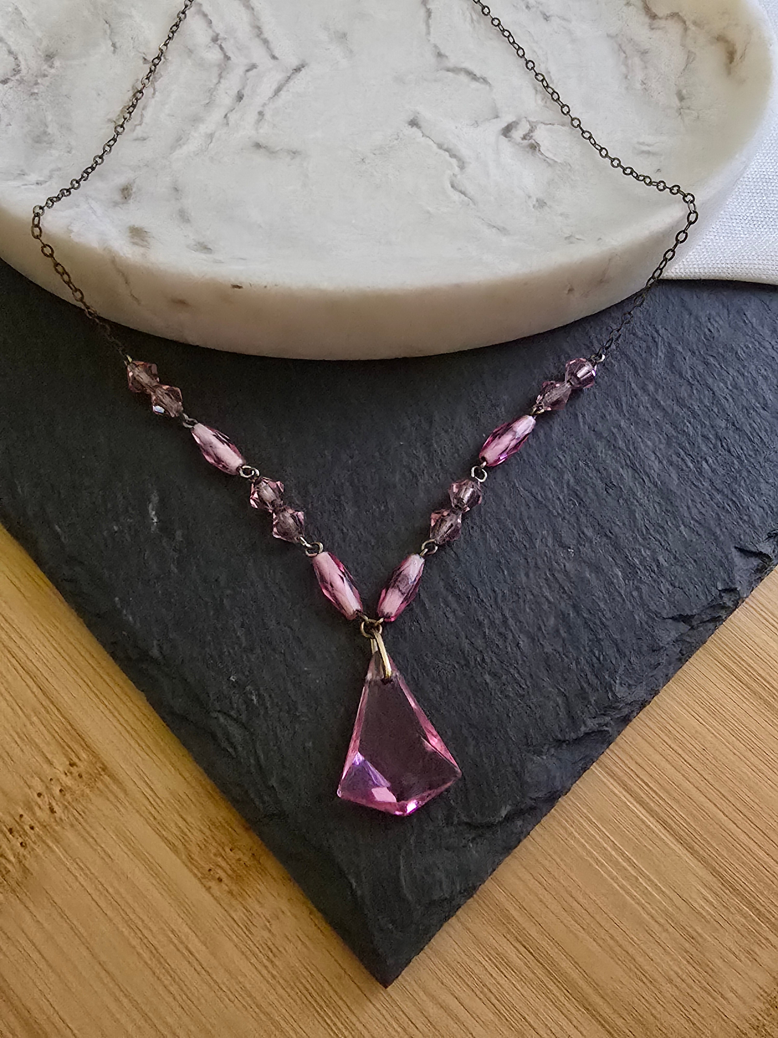 Antique Art Deco Pink Glass Drop Bead Necklace, Antique Jewellery