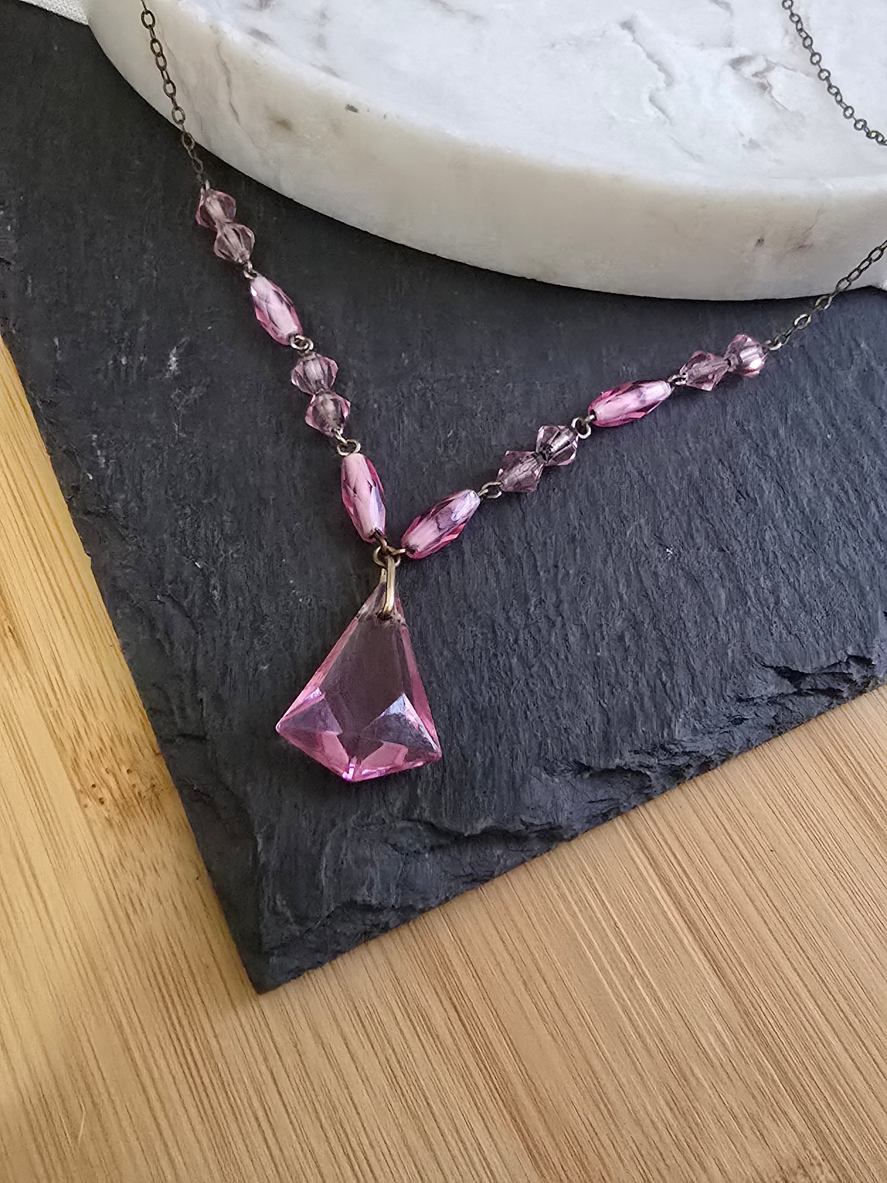 Antique Art Deco Pink Glass Drop Bead Necklace, Antique Jewellery