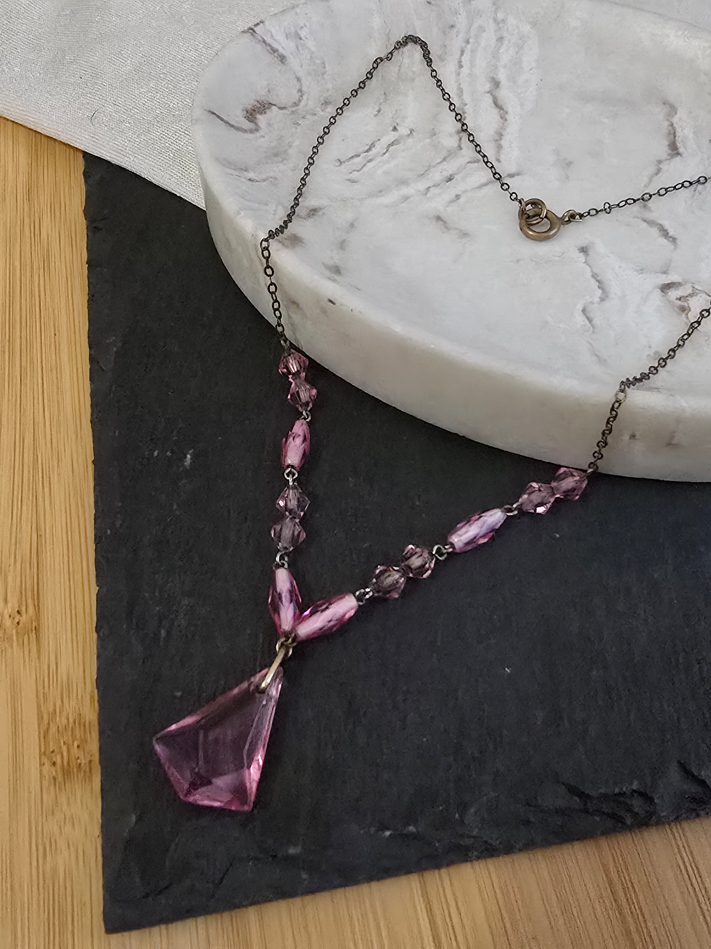 Antique Art Deco Pink Glass Drop Bead Necklace, Antique Jewellery