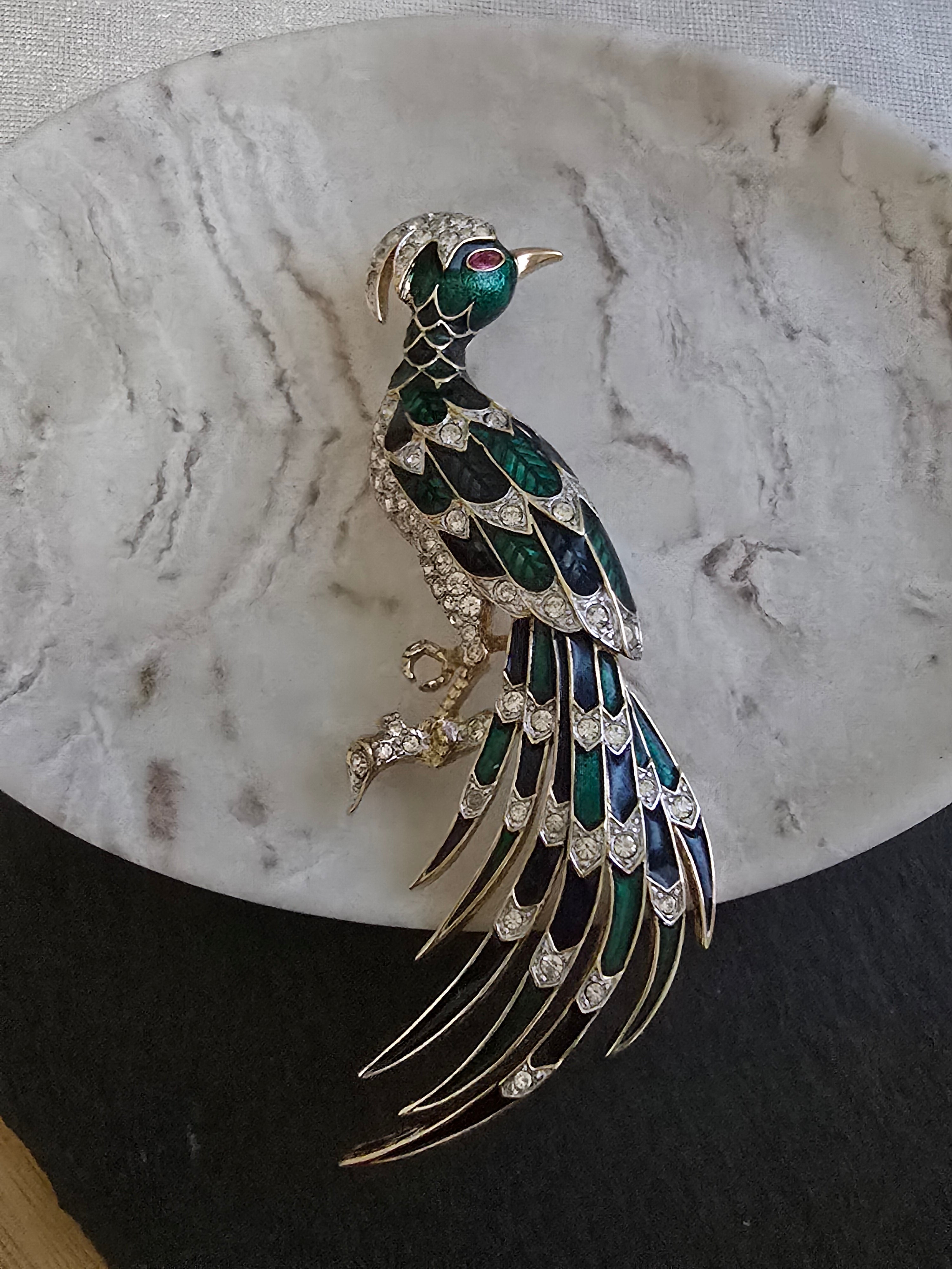 Vintage D'Orlan Blue, Green Enamel & Rhinestone Paradise Bird Brooch, Vintage Jewellery