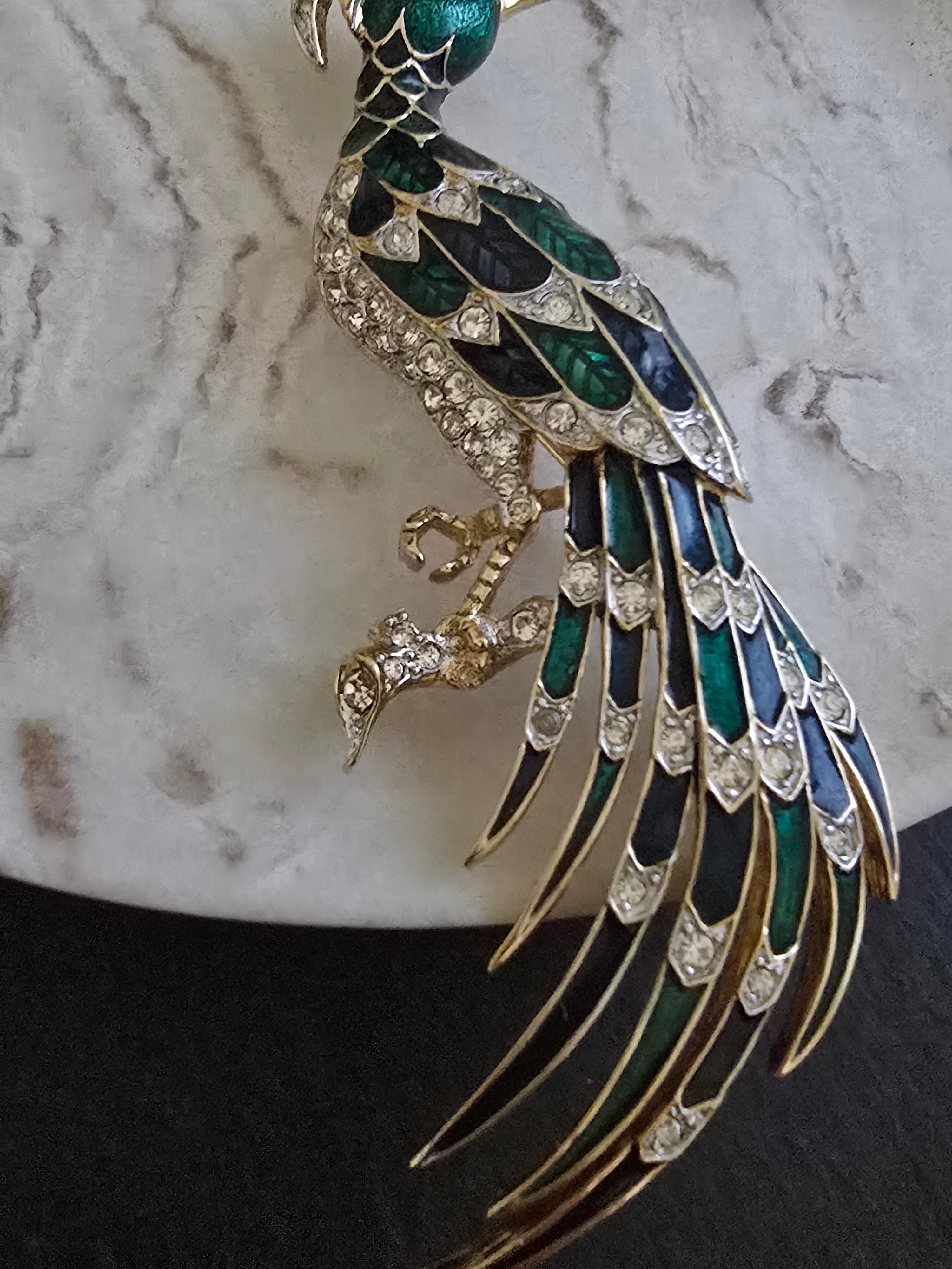 Vintage D'Orlan Blue, Green Enamel & Rhinestone Paradise Bird Brooch, Vintage Jewellery