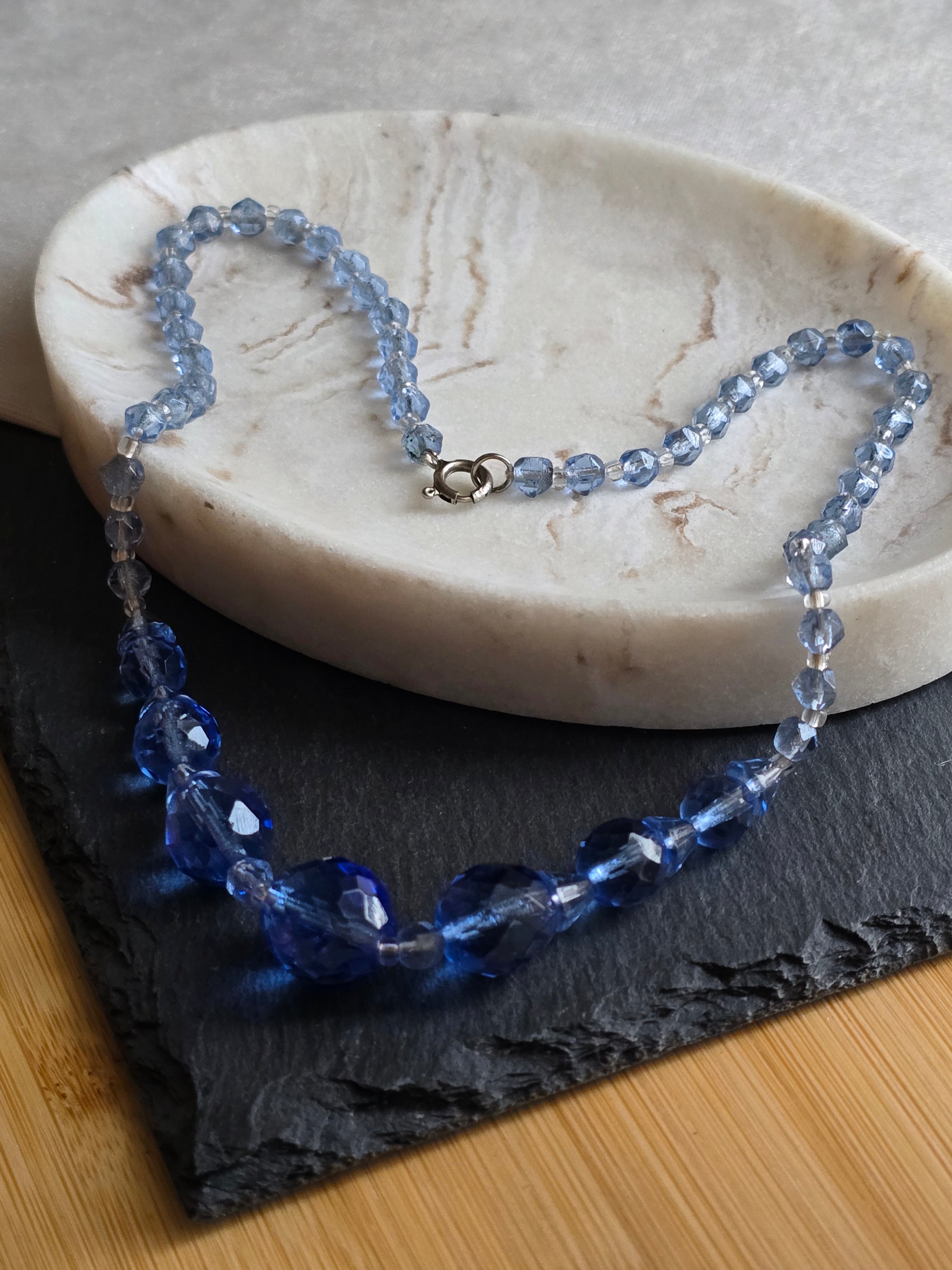 Antique Art Deco Blue Glass Bead Necklace, Antique Jewellery