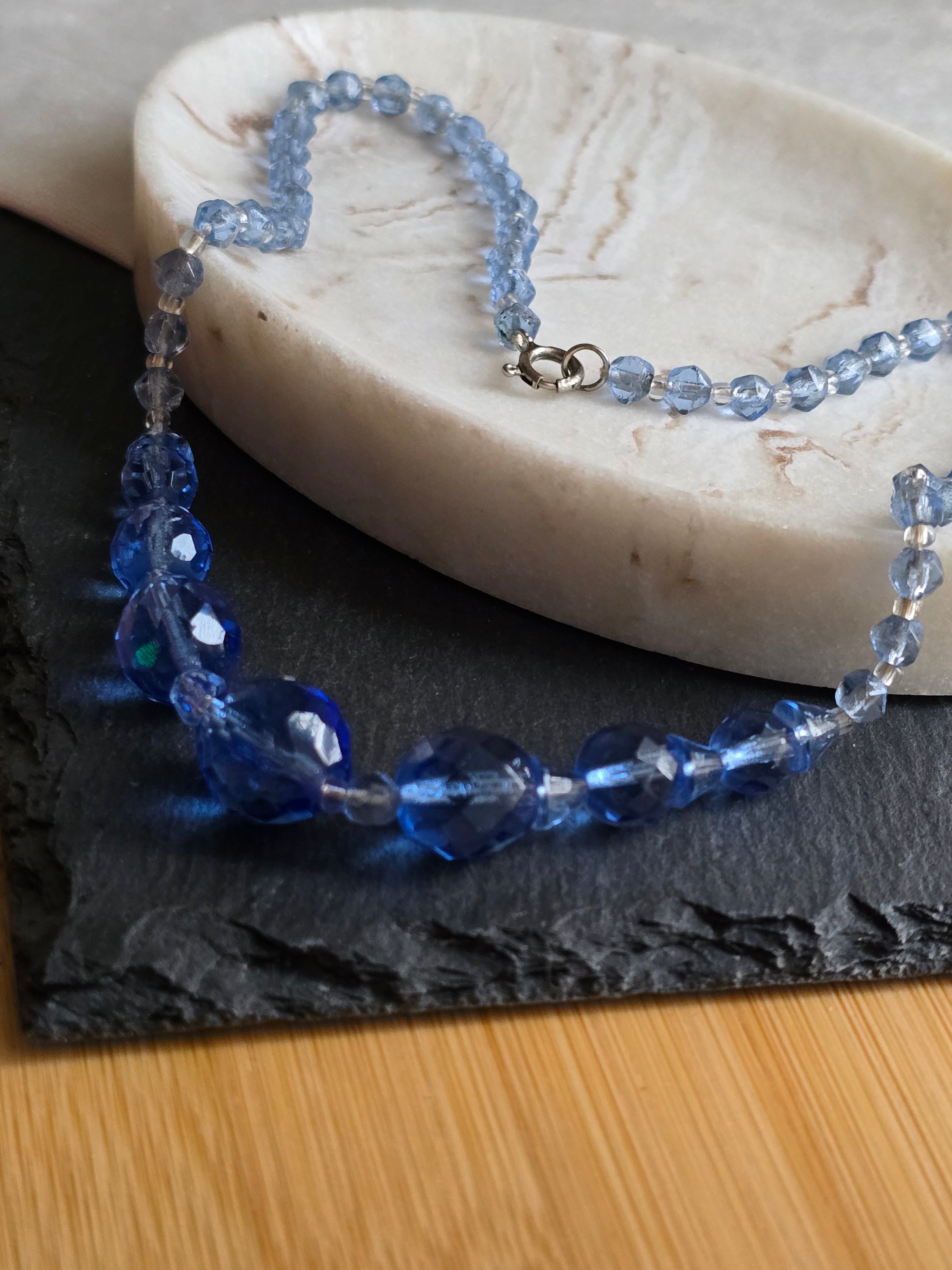 Antique Art Deco Blue Glass Bead Necklace, Antique Jewellery