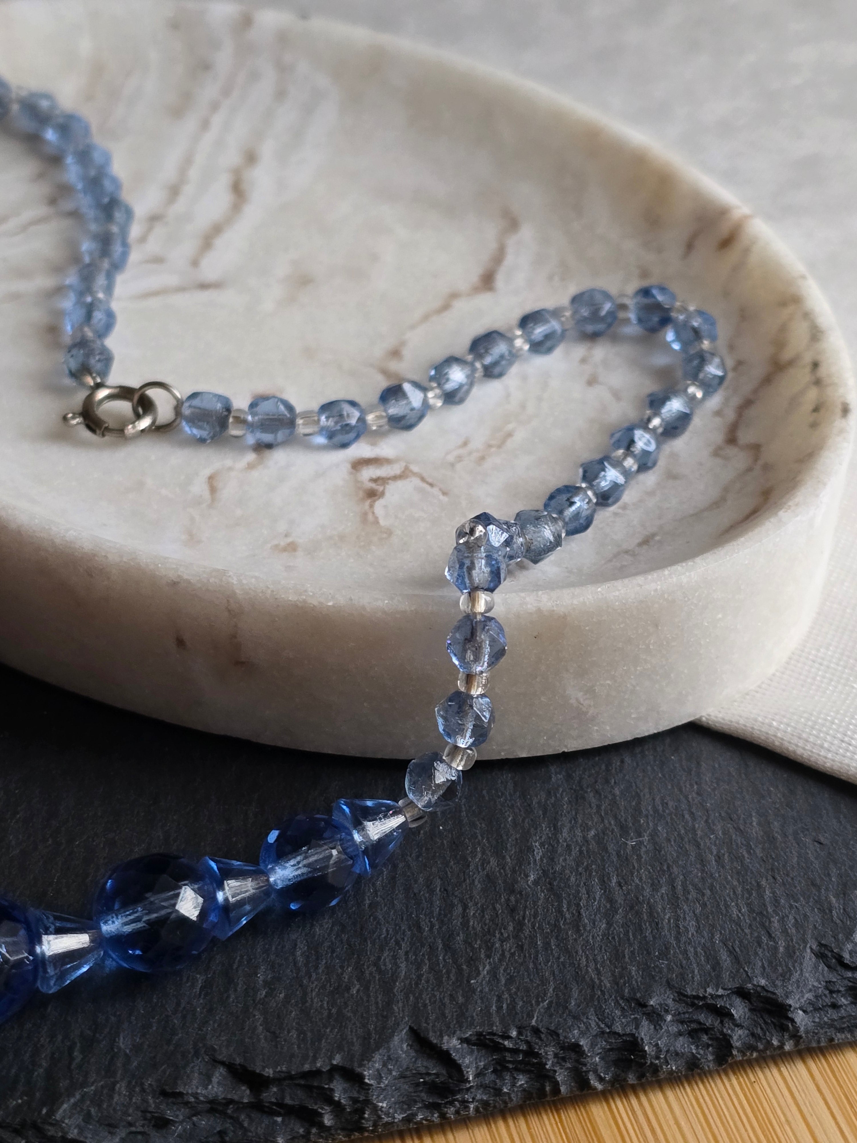 Antique Art Deco Blue Glass Bead Necklace, Antique Jewellery