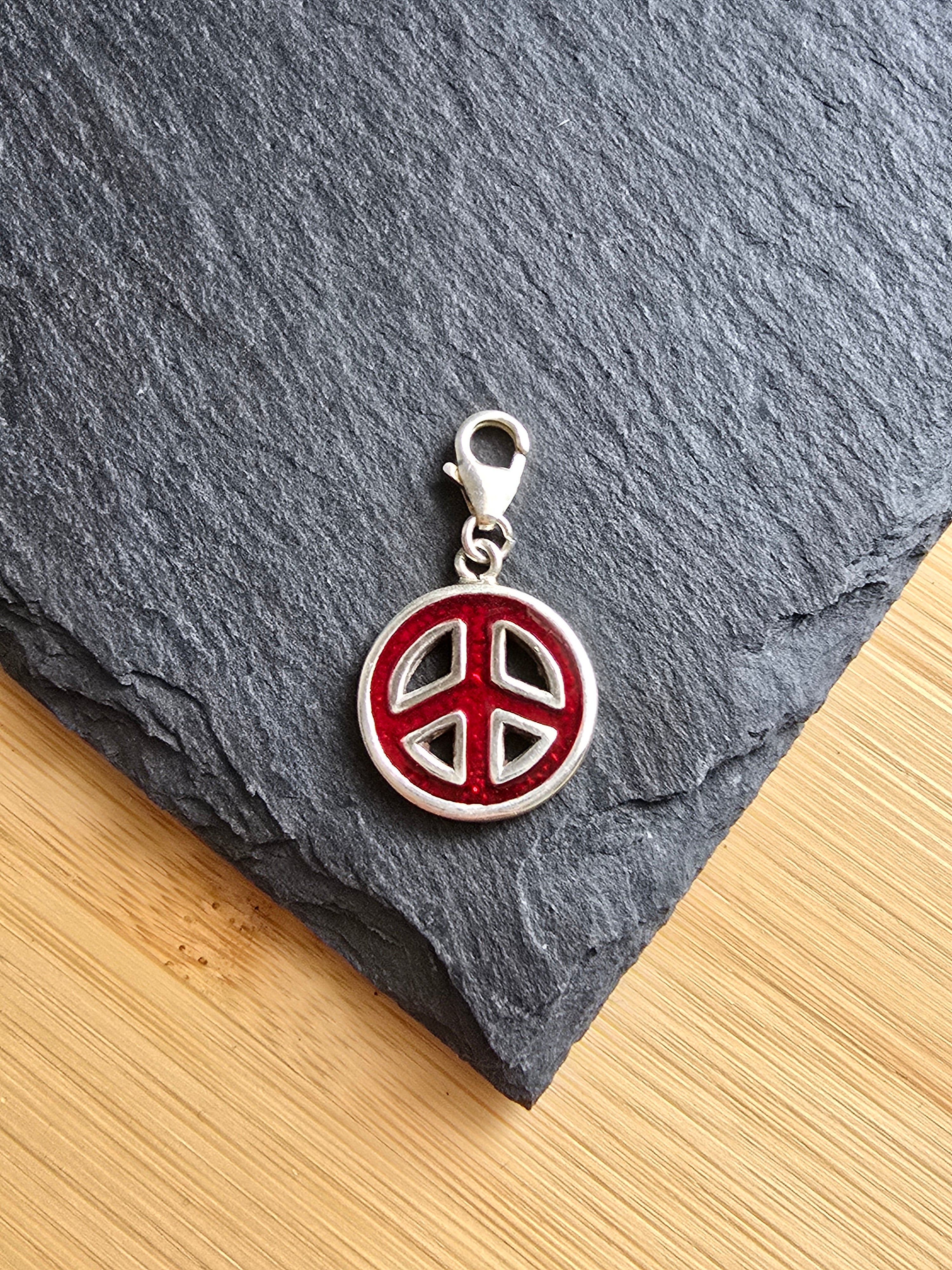 Sterling Silver Unbranded Red Enamel Peace Sign Clip Charm