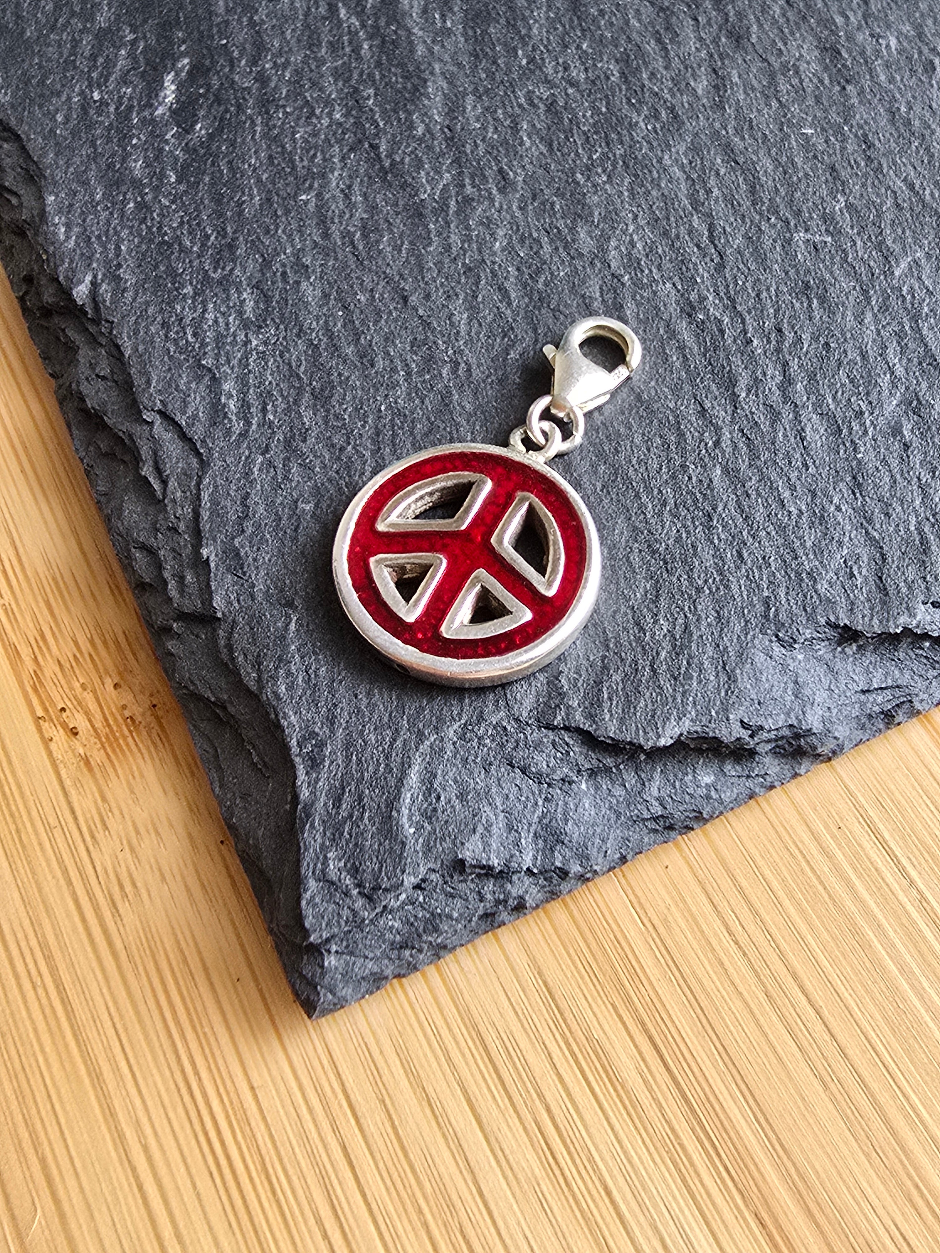 Sterling Silver Unbranded Red Enamel Peace Sign Clip Charm