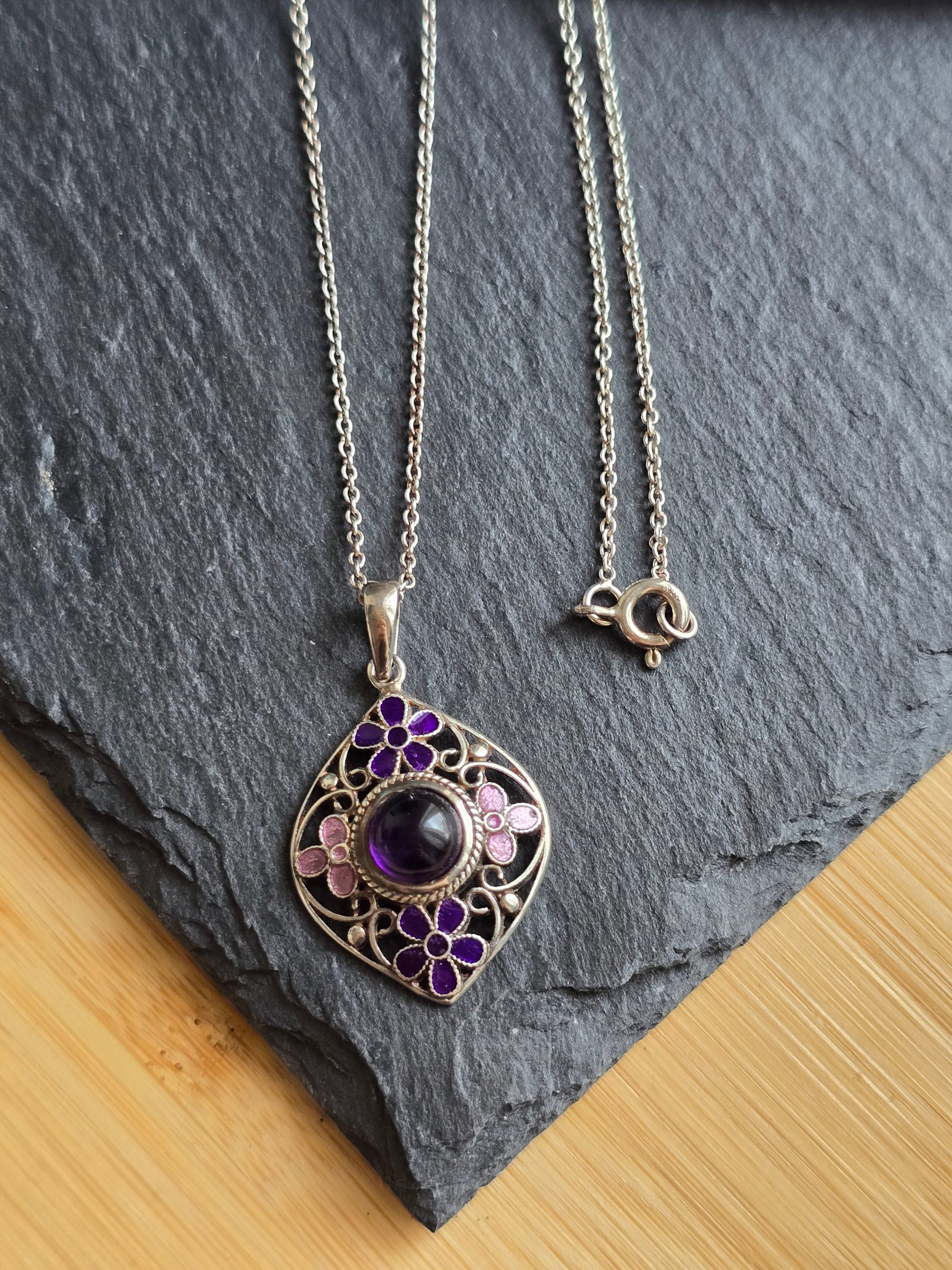 Sterling Silver Amethyst Gemstone & Enamel Flower Pendant Necklace