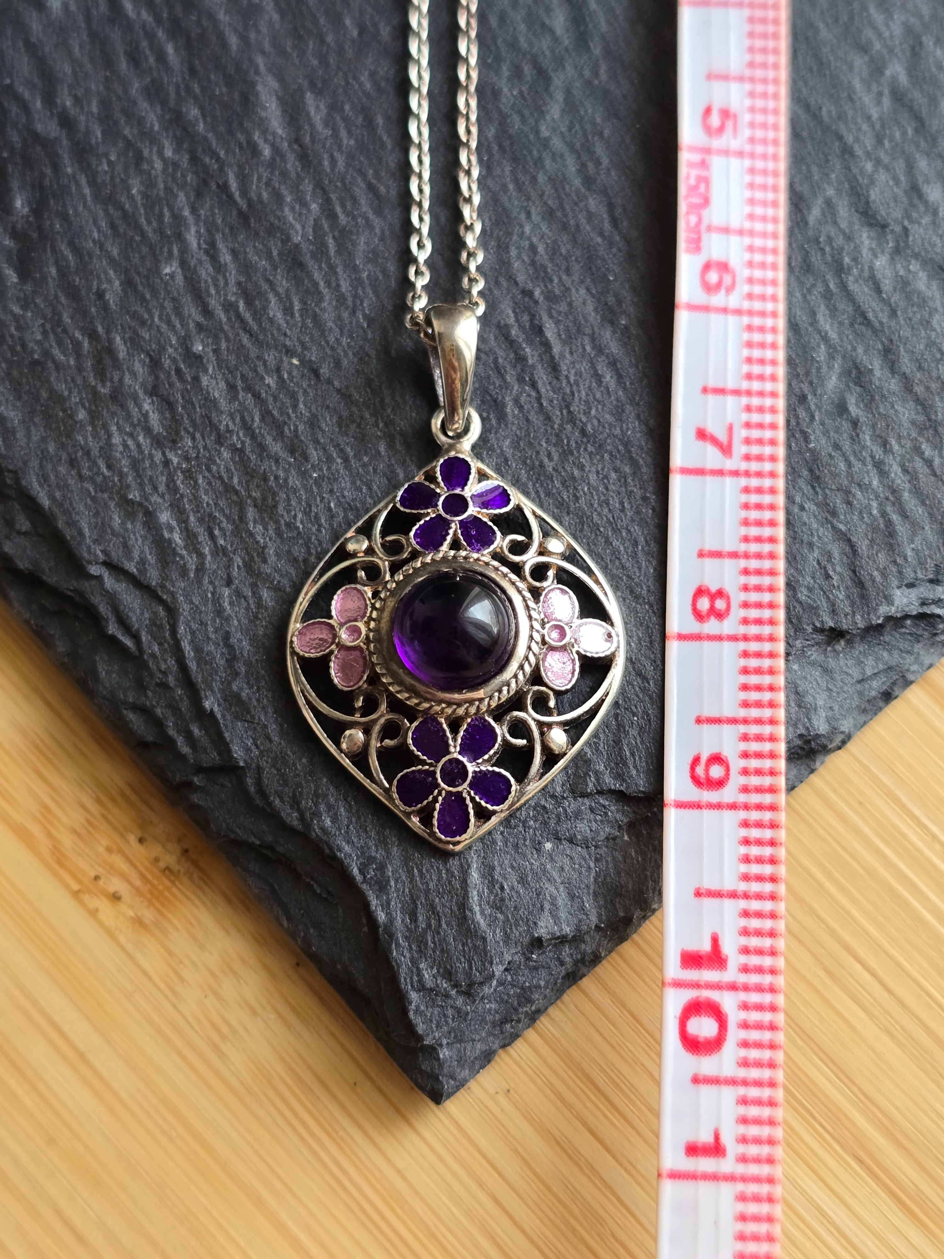 Sterling Silver Amethyst Gemstone & Enamel Flower Pendant Necklace