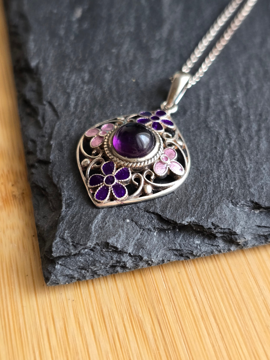 Sterling Silver Amethyst Gemstone & Enamel Flower Pendant Necklace