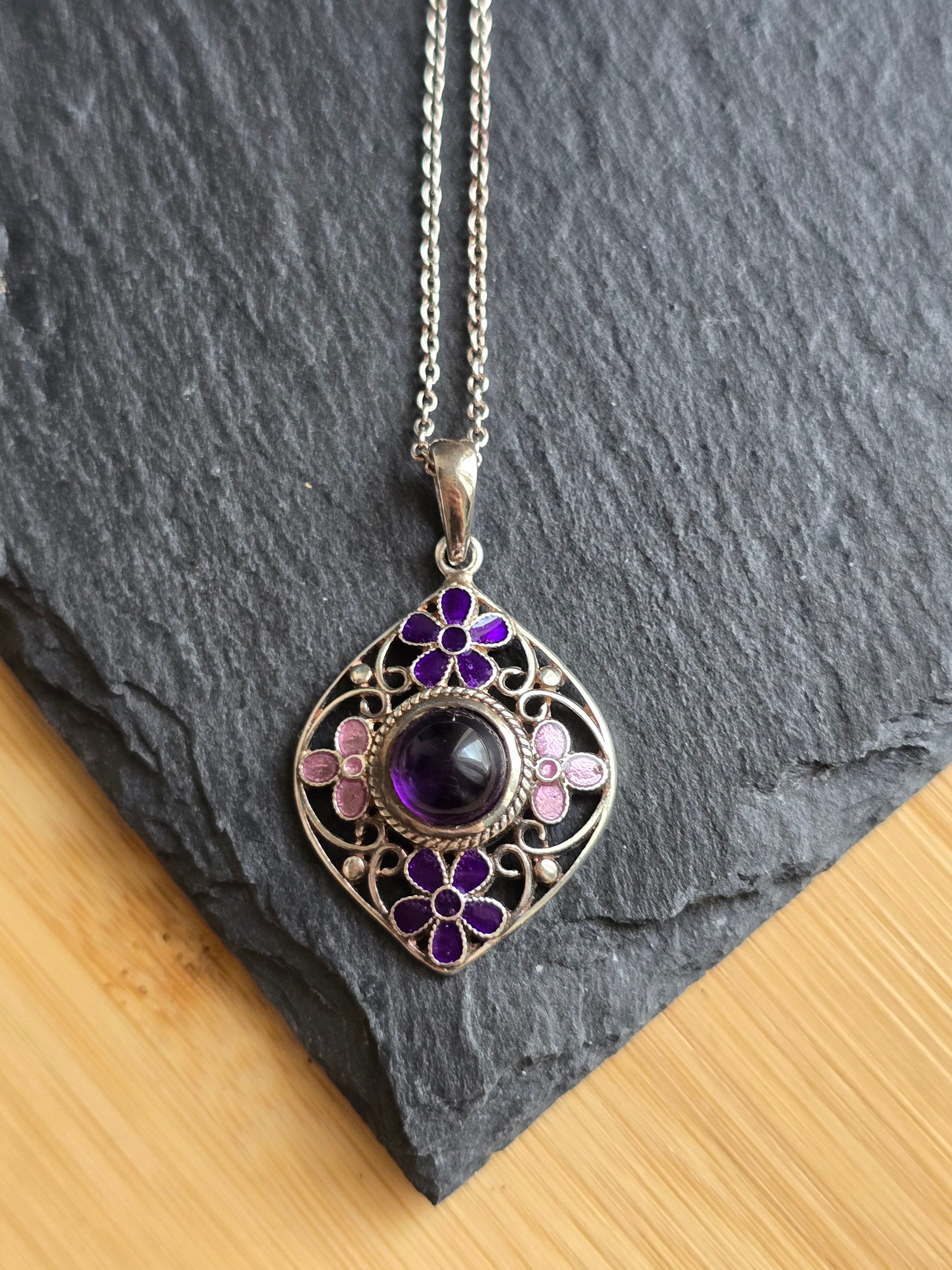 Sterling Silver Amethyst Gemstone & Enamel Flower Pendant Necklace