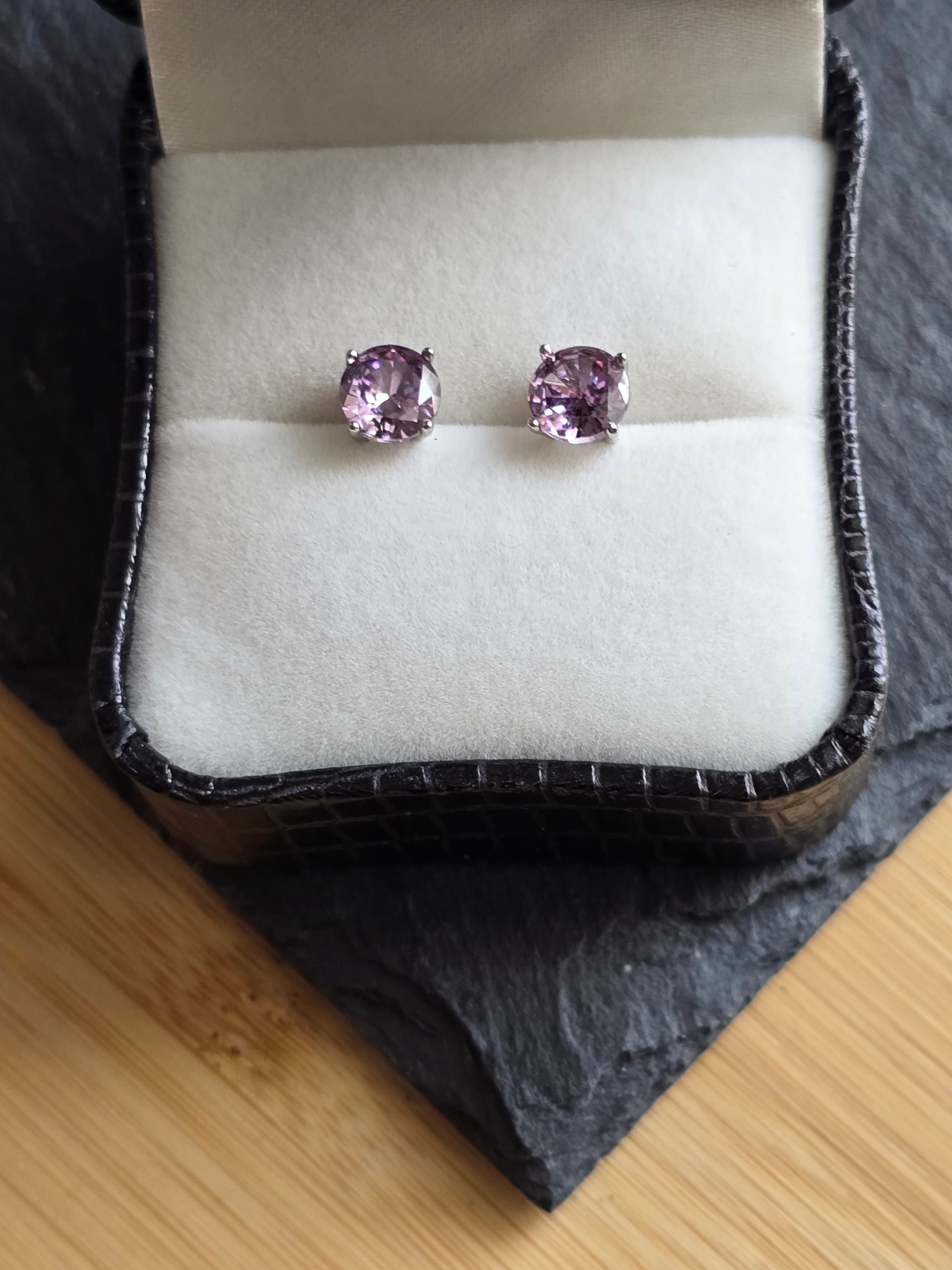 Sterling Silver Round Cut Purple Crystal Stud Earrings