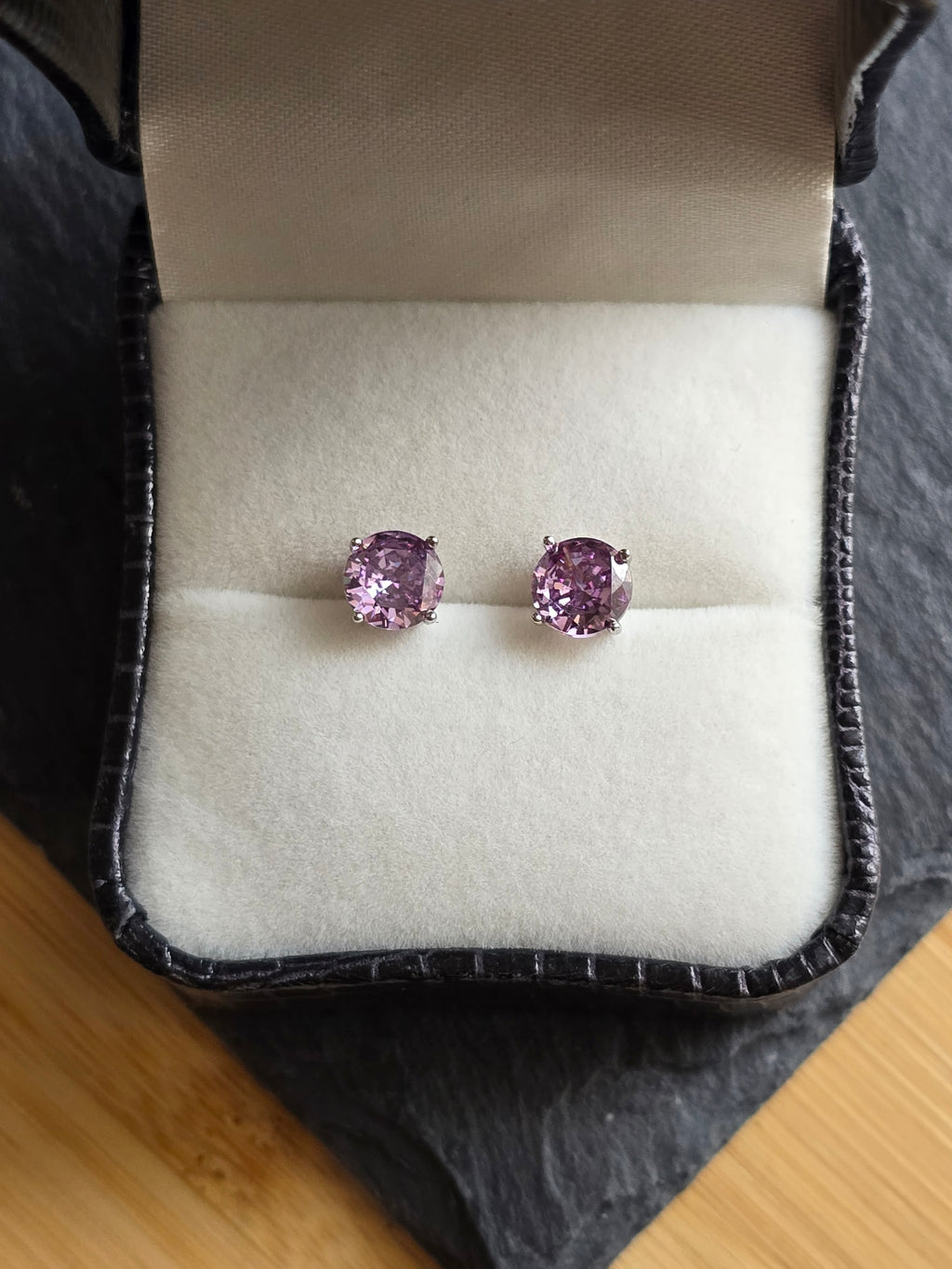 Sterling Silver Round Cut Purple Crystal Stud Earrings