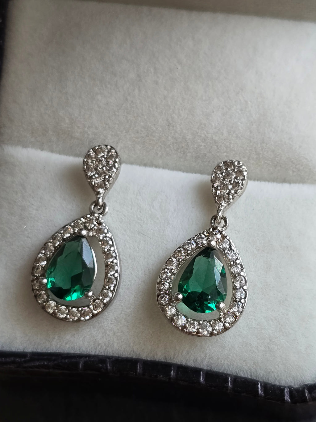 Sterling Silver Drop Dangle Pear Green Crystal Earrings