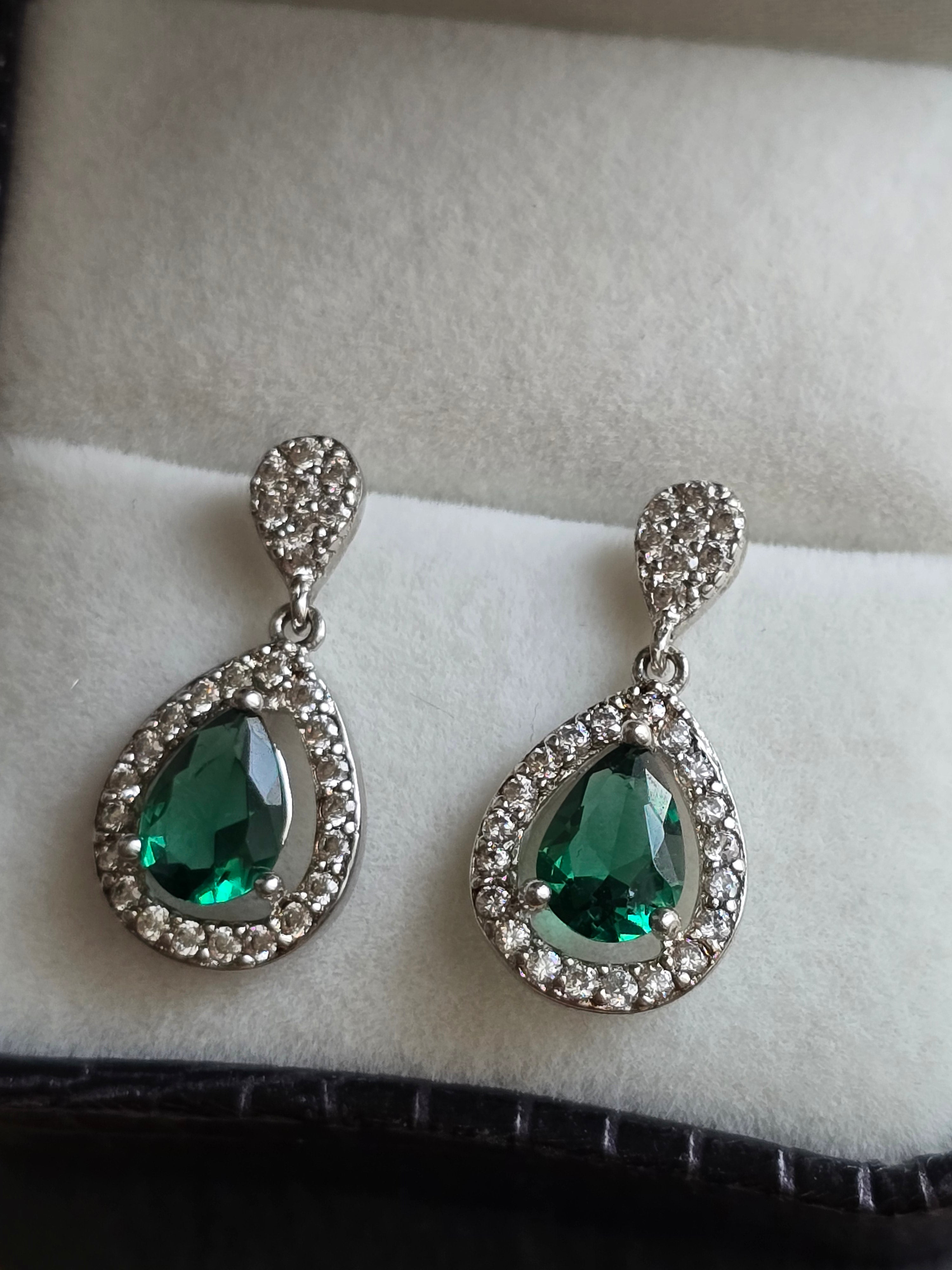 Sterling Silver Drop Dangle Pear Green Crystal Earrings