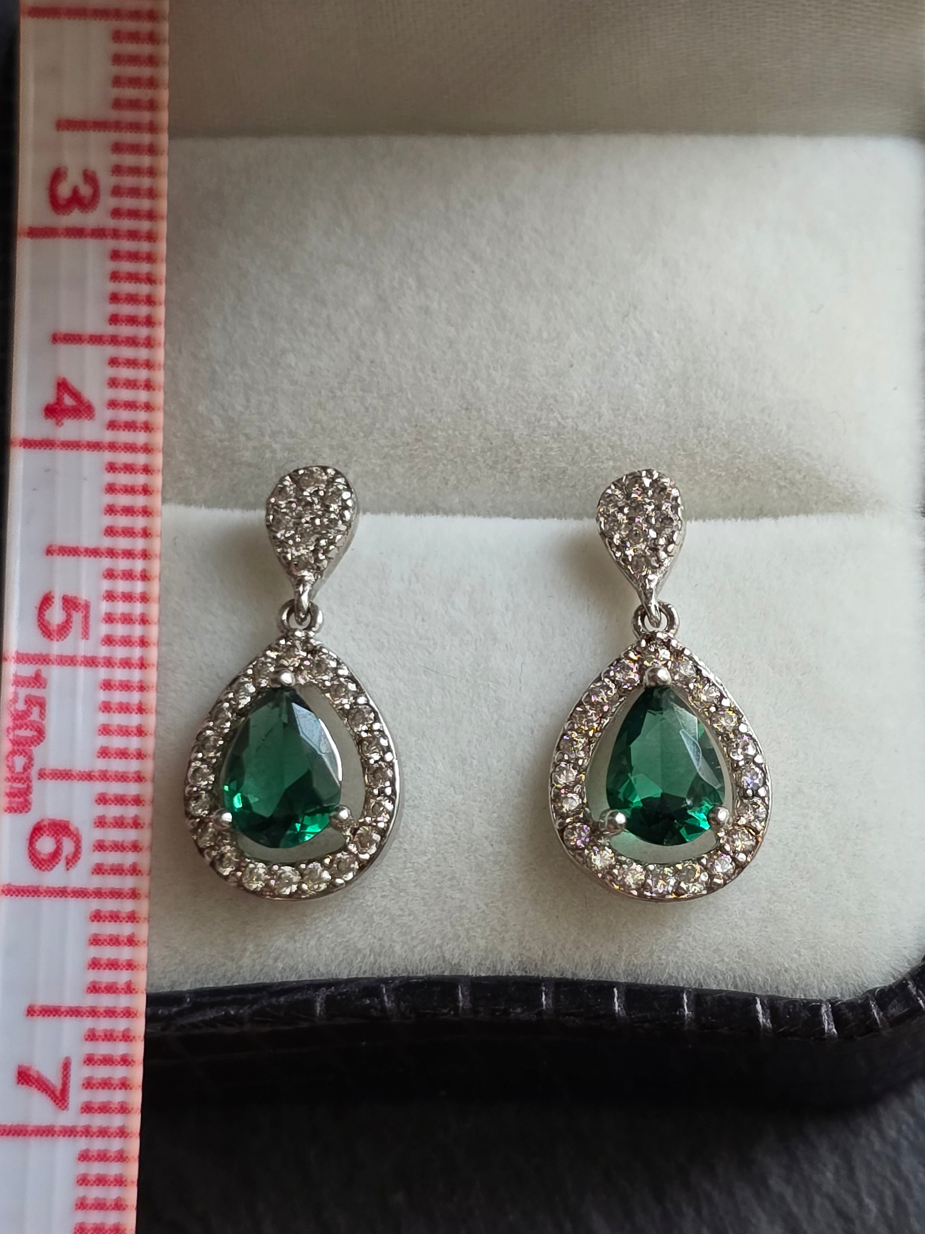 Sterling Silver Drop Dangle Pear Green Crystal Earrings
