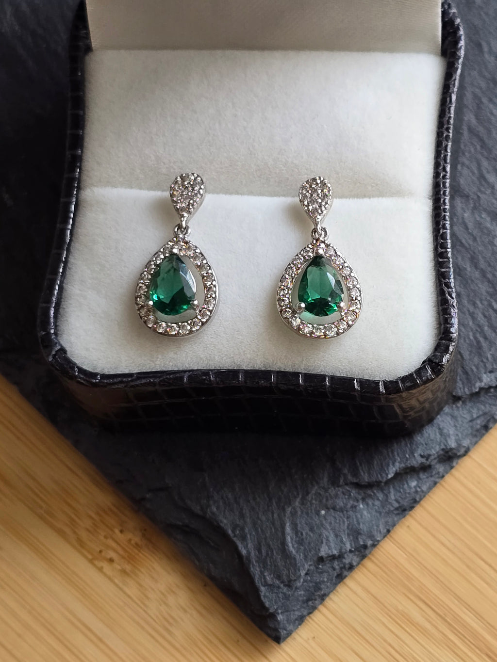 Sterling Silver Drop Dangle Pear Green Crystal Earrings